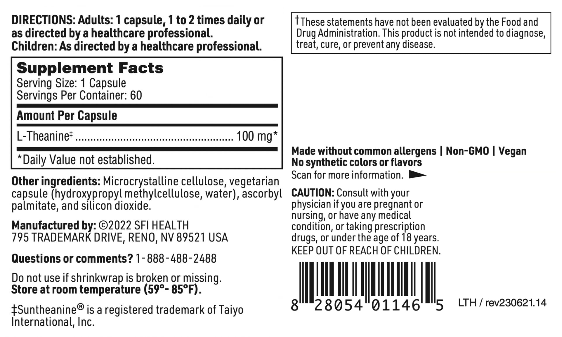 SFI Health L-Theanine Capsules on a wooden table