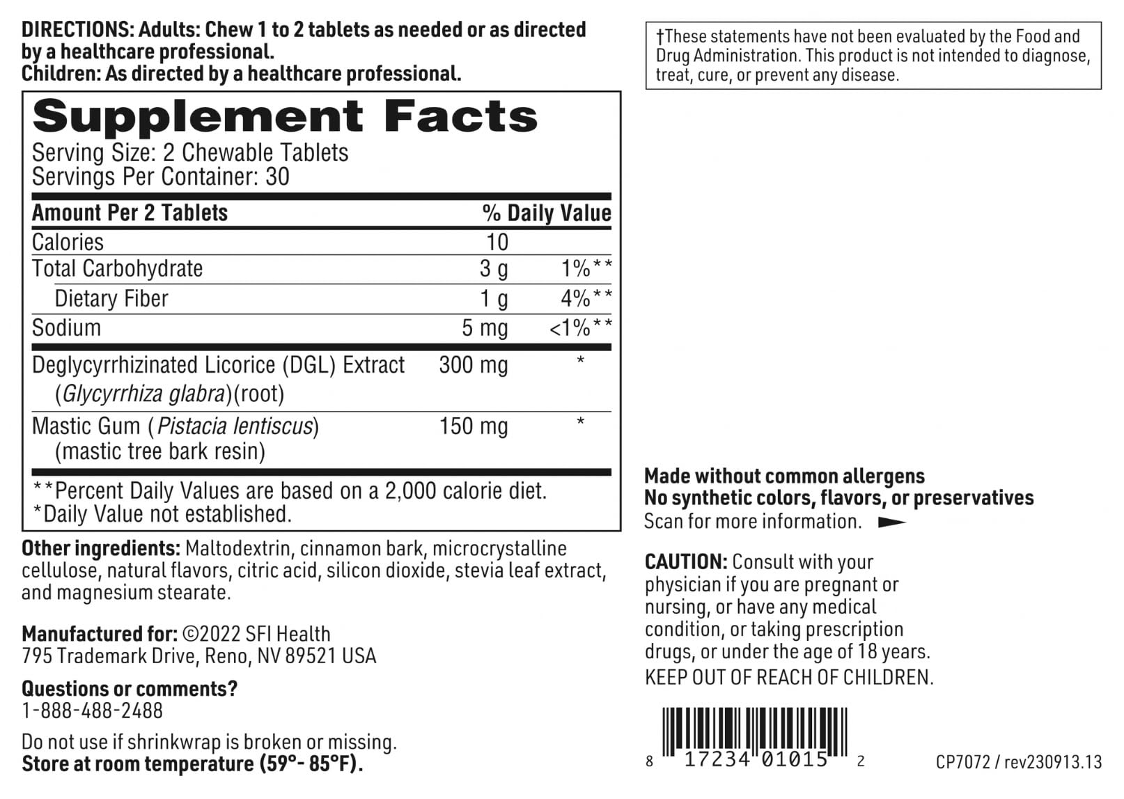 SFI Health Licorice Root Chewable Tablets with cinnamon flavour description
