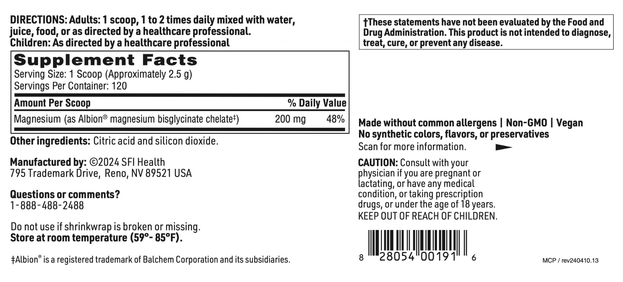 SFI Health Magnesium Chelate Powder 399g ingredient list
