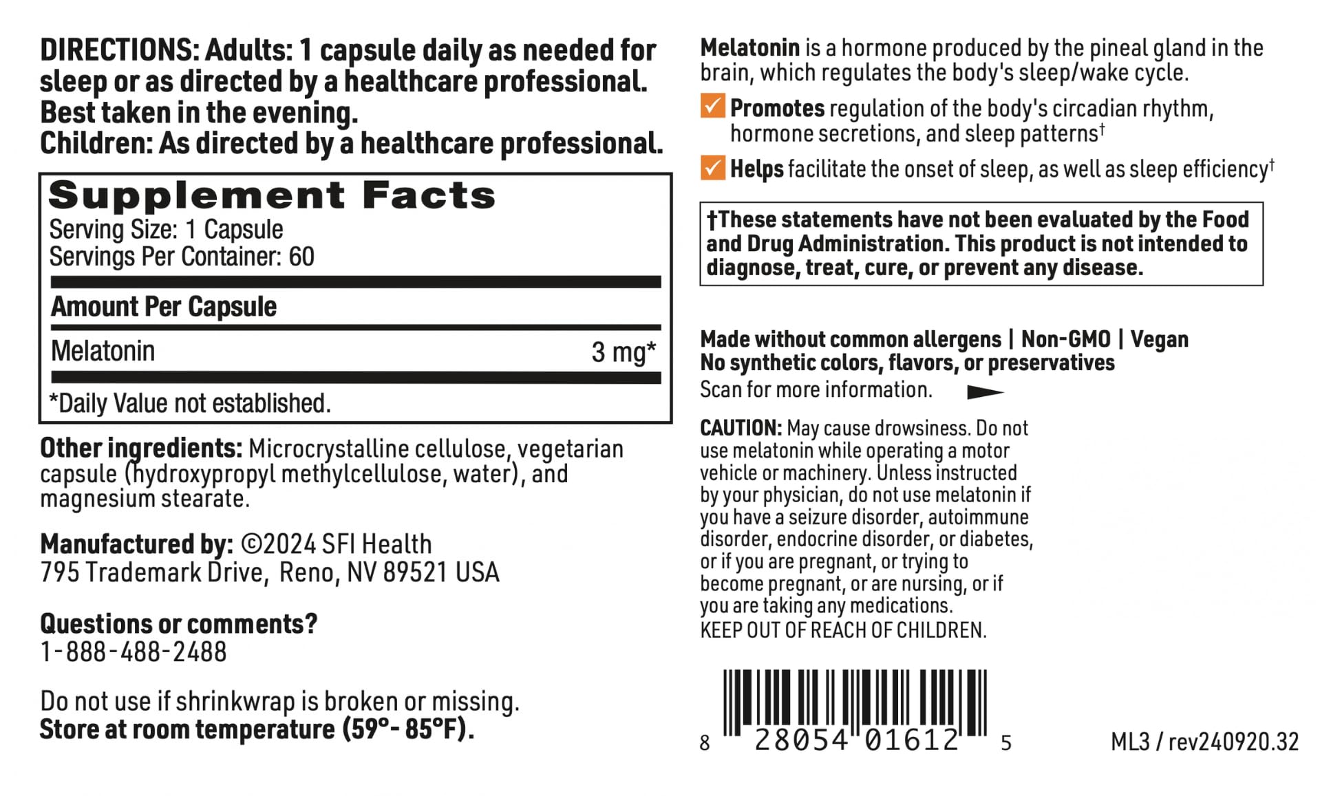 SFI Health Melatonin 3mg capsules on a wooden table