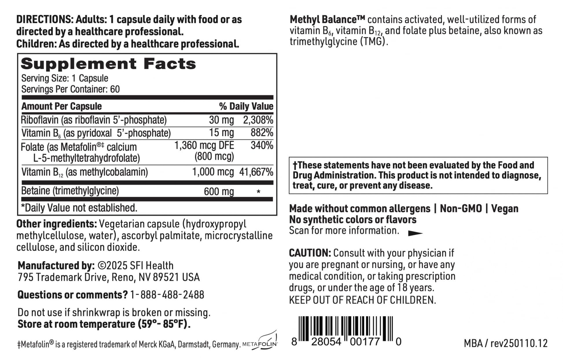 SFI Health Methyl Balance B12 Supplement 60 Capsules on wooden table