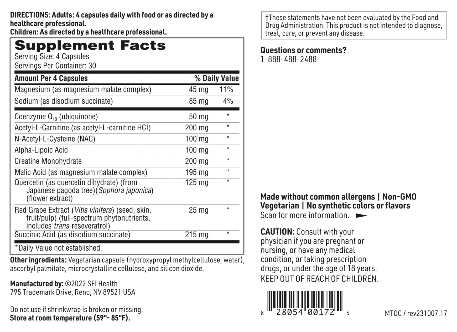 SFI Health MitoThera™ CoQ10 Supplement ingredients list