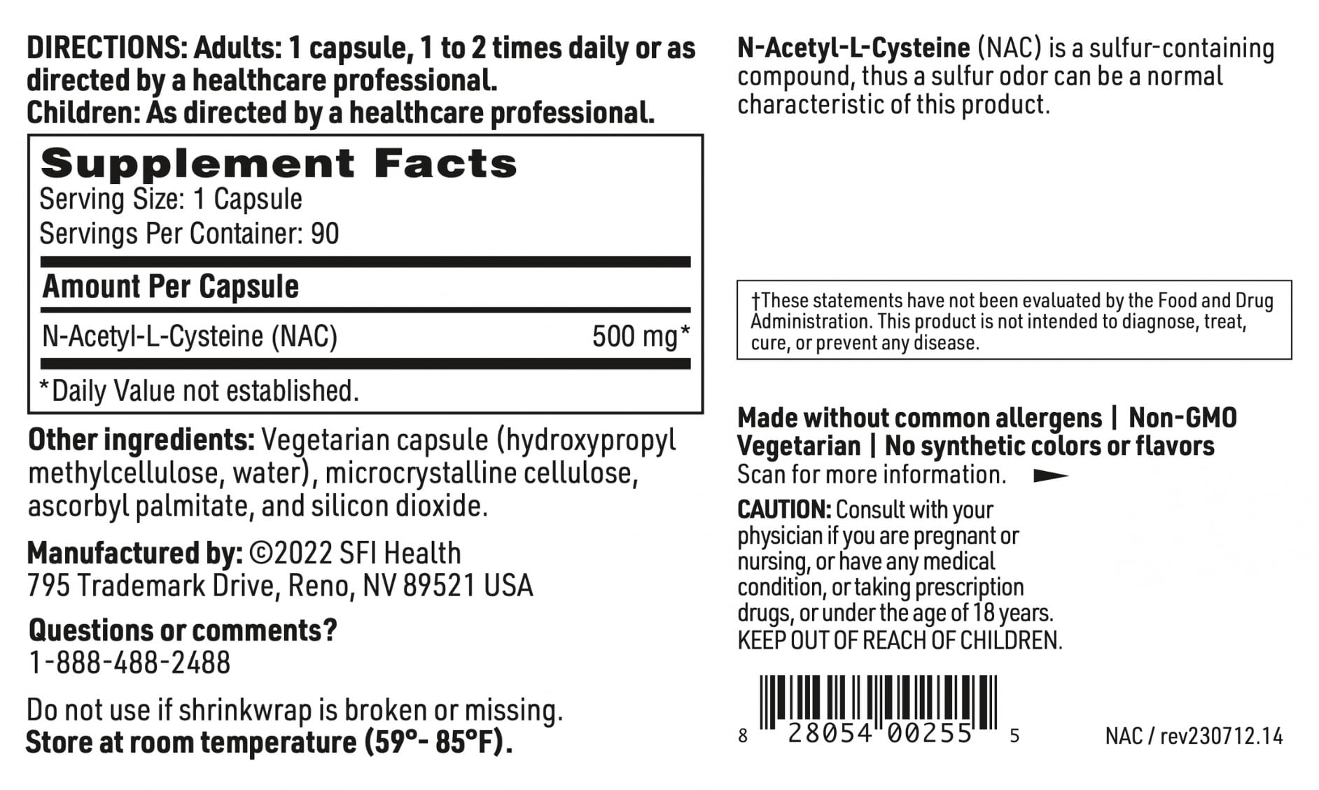 SFI Health N-Acetyl-L-Cysteine 500mg capsules on a wooden table