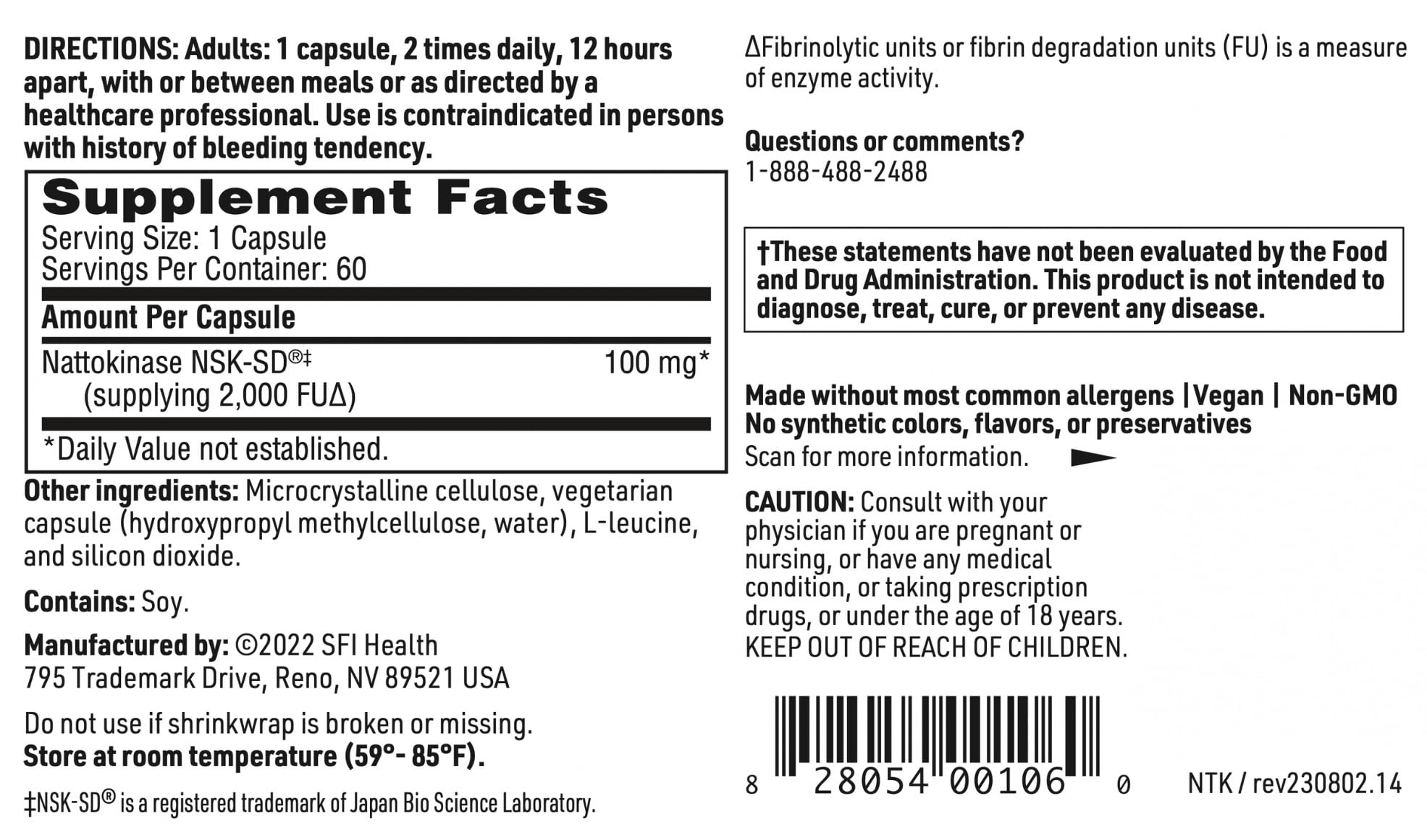 SFI Health Nattokinase Multi-Enzyme Supplement ingredients list