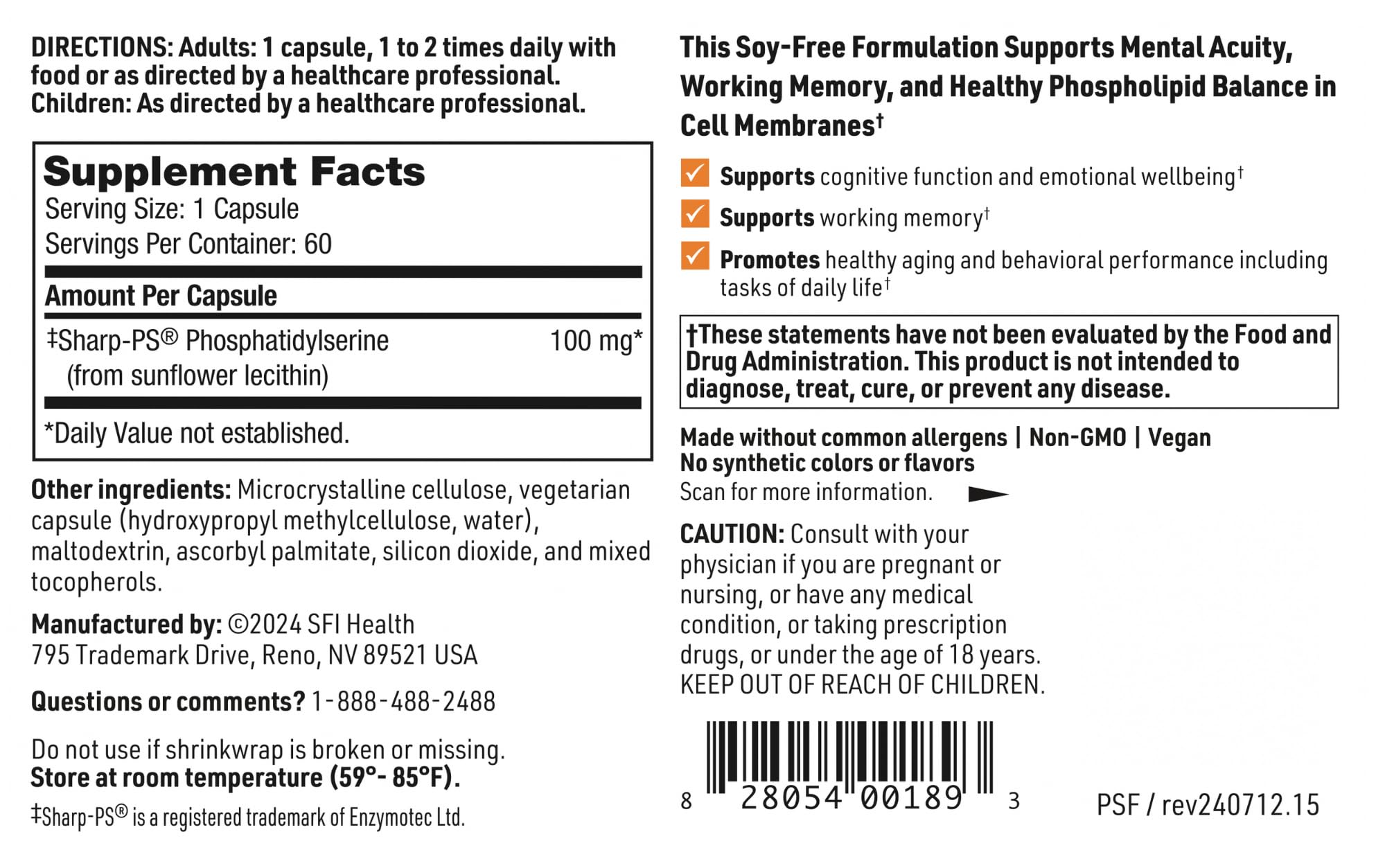 SFI Health Phosphatidylserine 100mg vegetarian capsules on a table