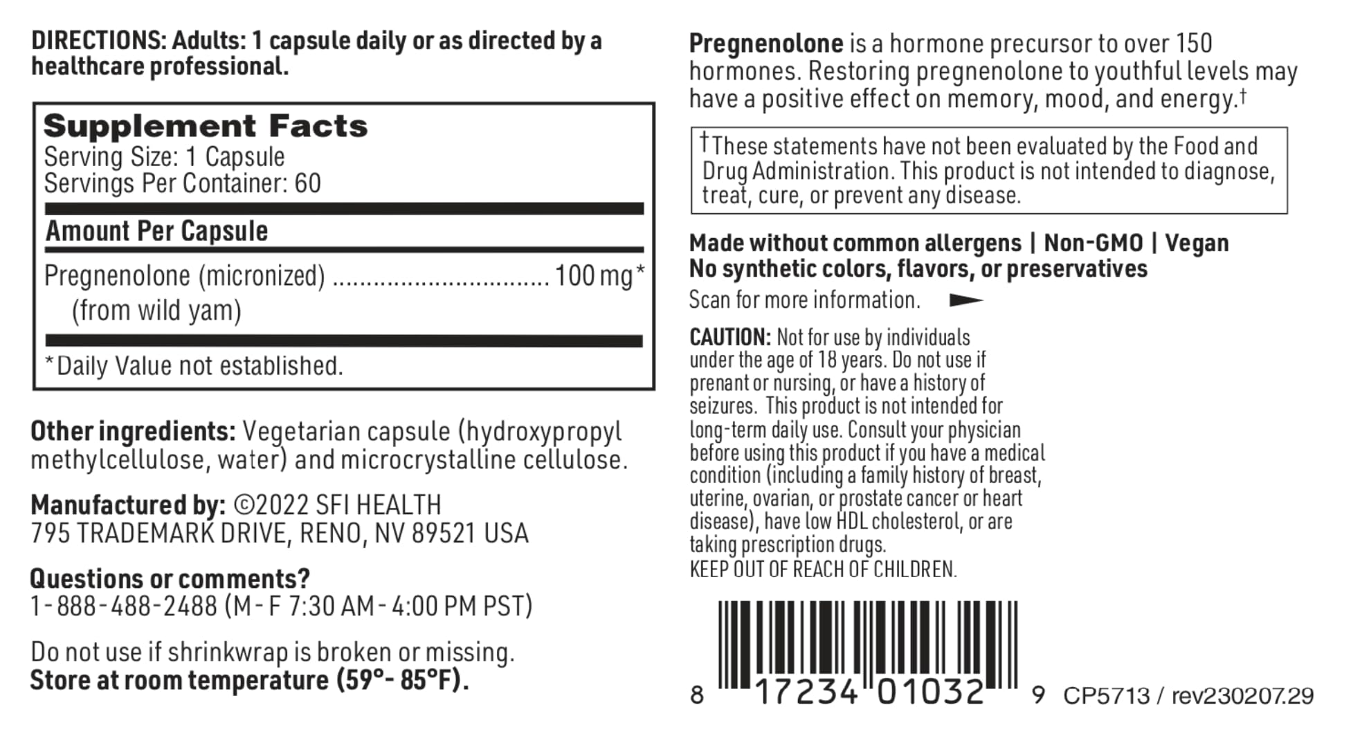 SFI Health Pregnenolone 100mg Capsules opened bottle