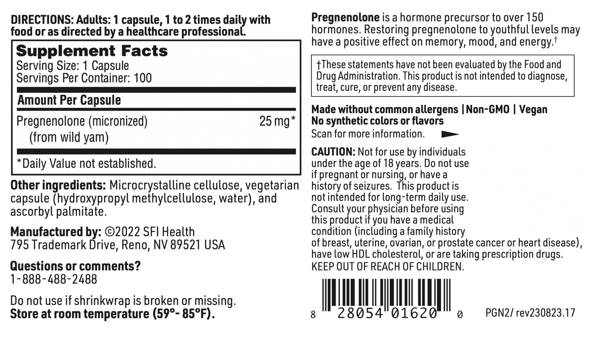 SFI Health Pregnenolone Capsules 25mg ingredients list