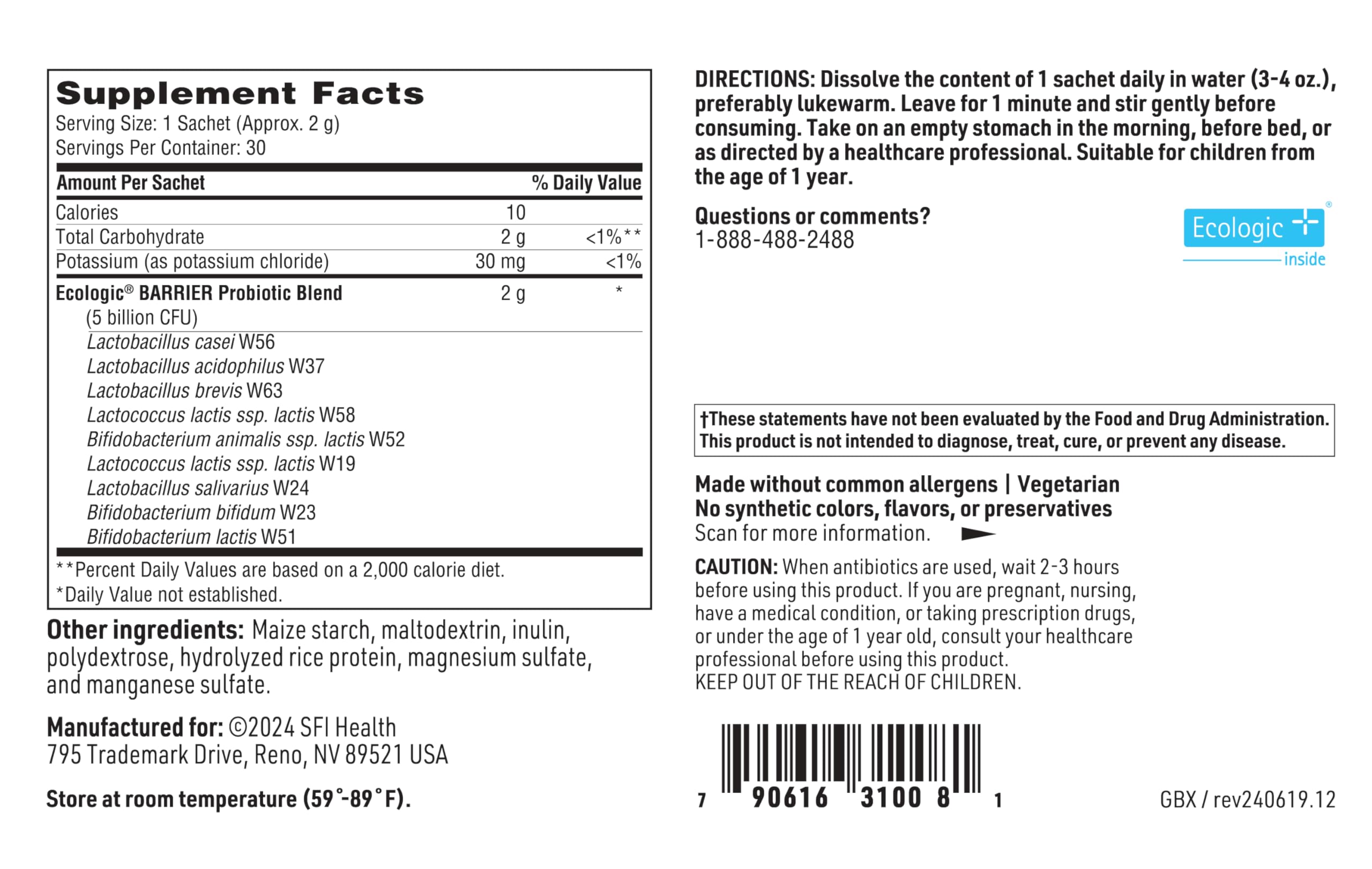 SFI Health Probiotic Supplement ingredients list
