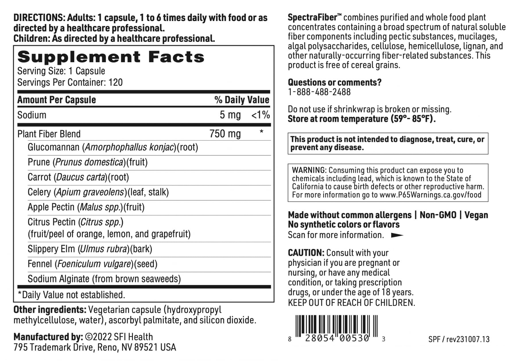 SFI Health SpectraFiber™ Dietary Fibre Supplement bottle with capsules on a wooden table