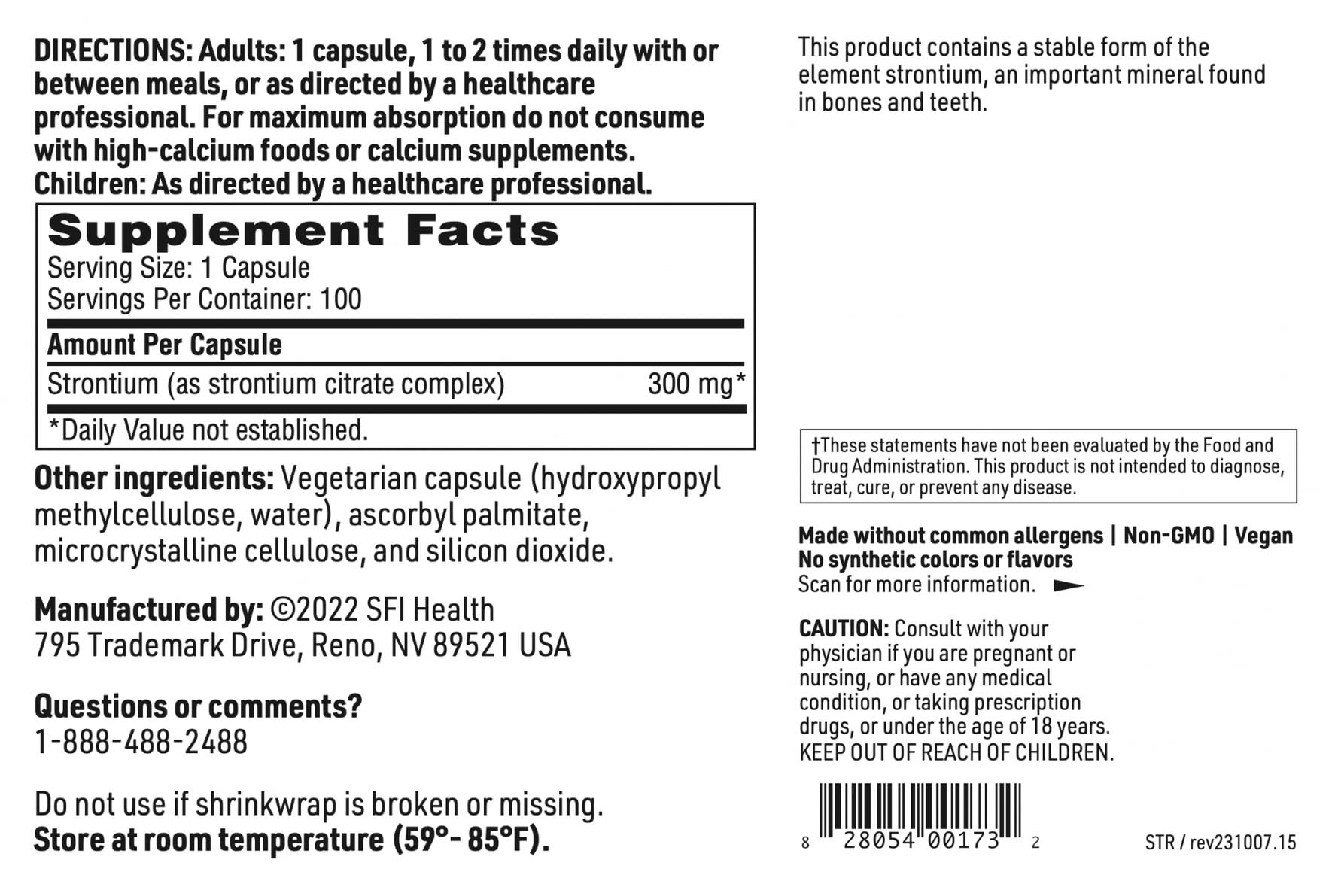 SFI Health Strontium Citrate 300mg vegetarian capsules label close-up