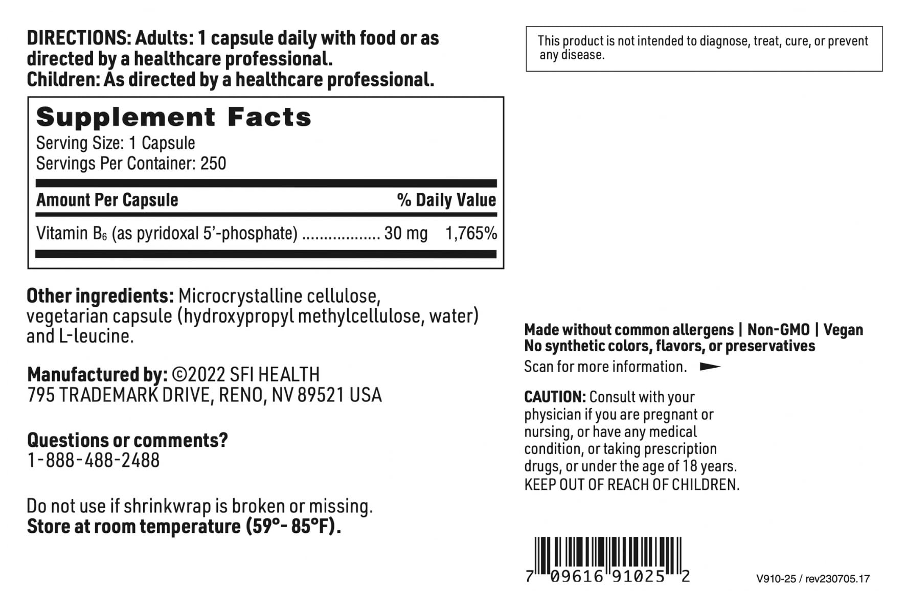 SFI Health Vitamin B6 30mg capsule ingredients list