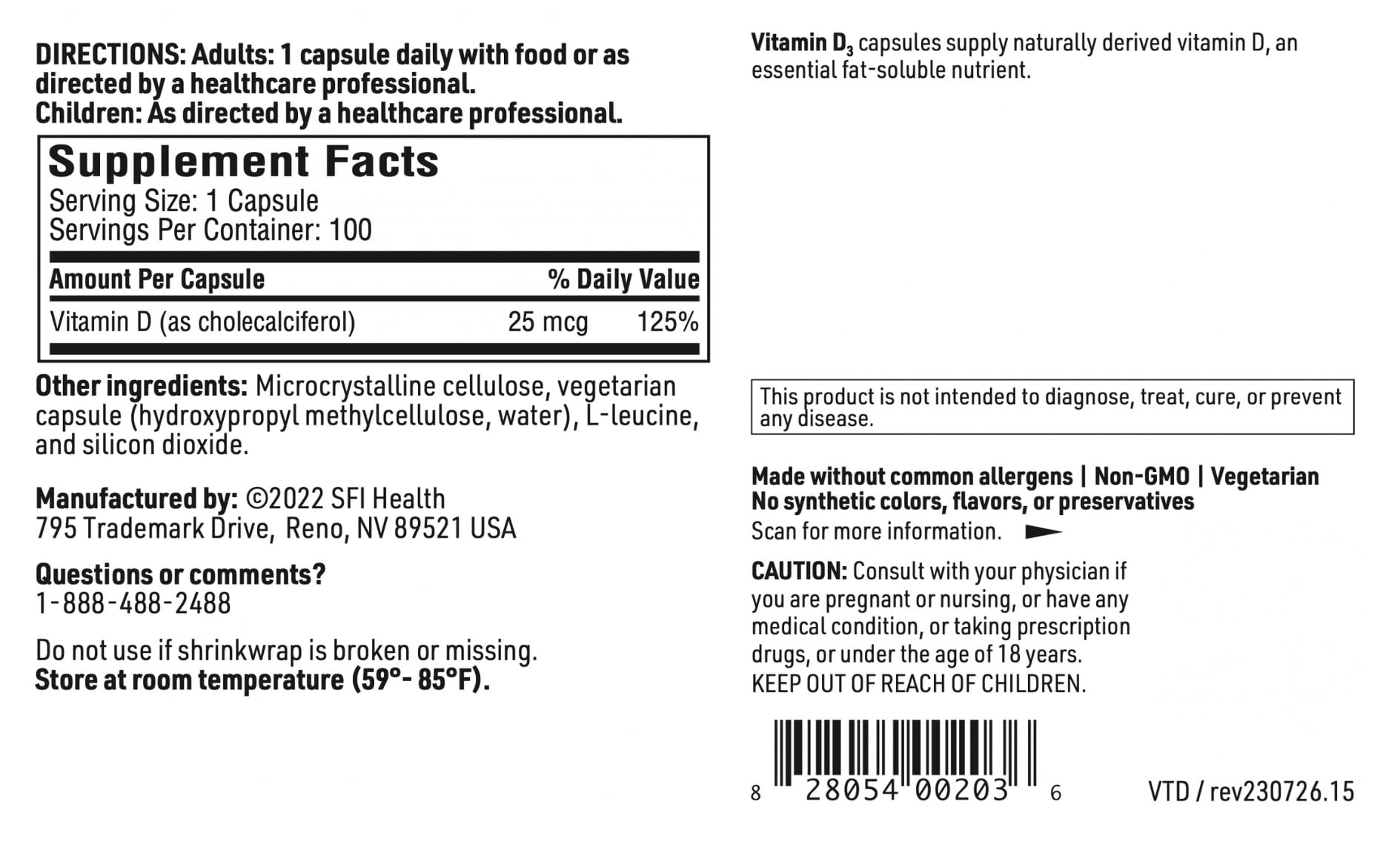 SFI Health Vitamin D3 capsules on a wooden surface