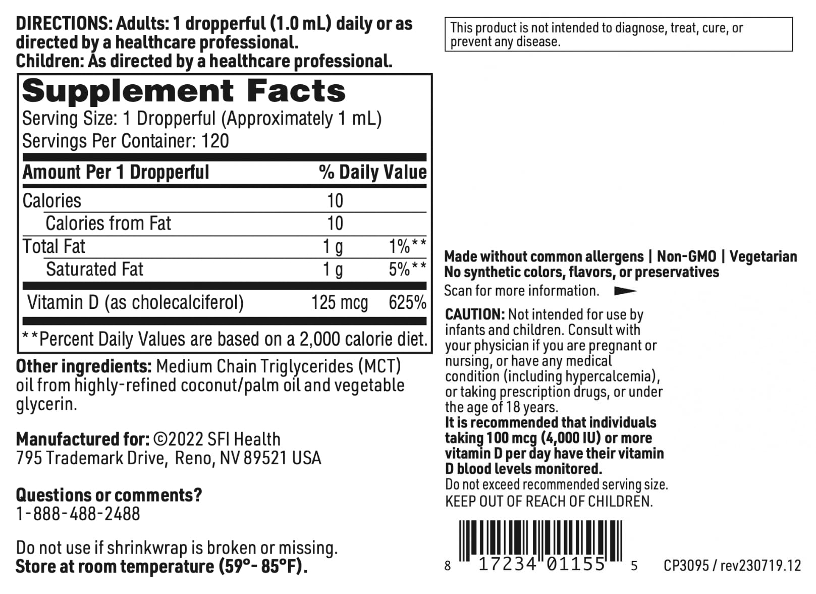 SFI Health Vitamin D3 Liquid Drops 5000 IU with measuring dropper