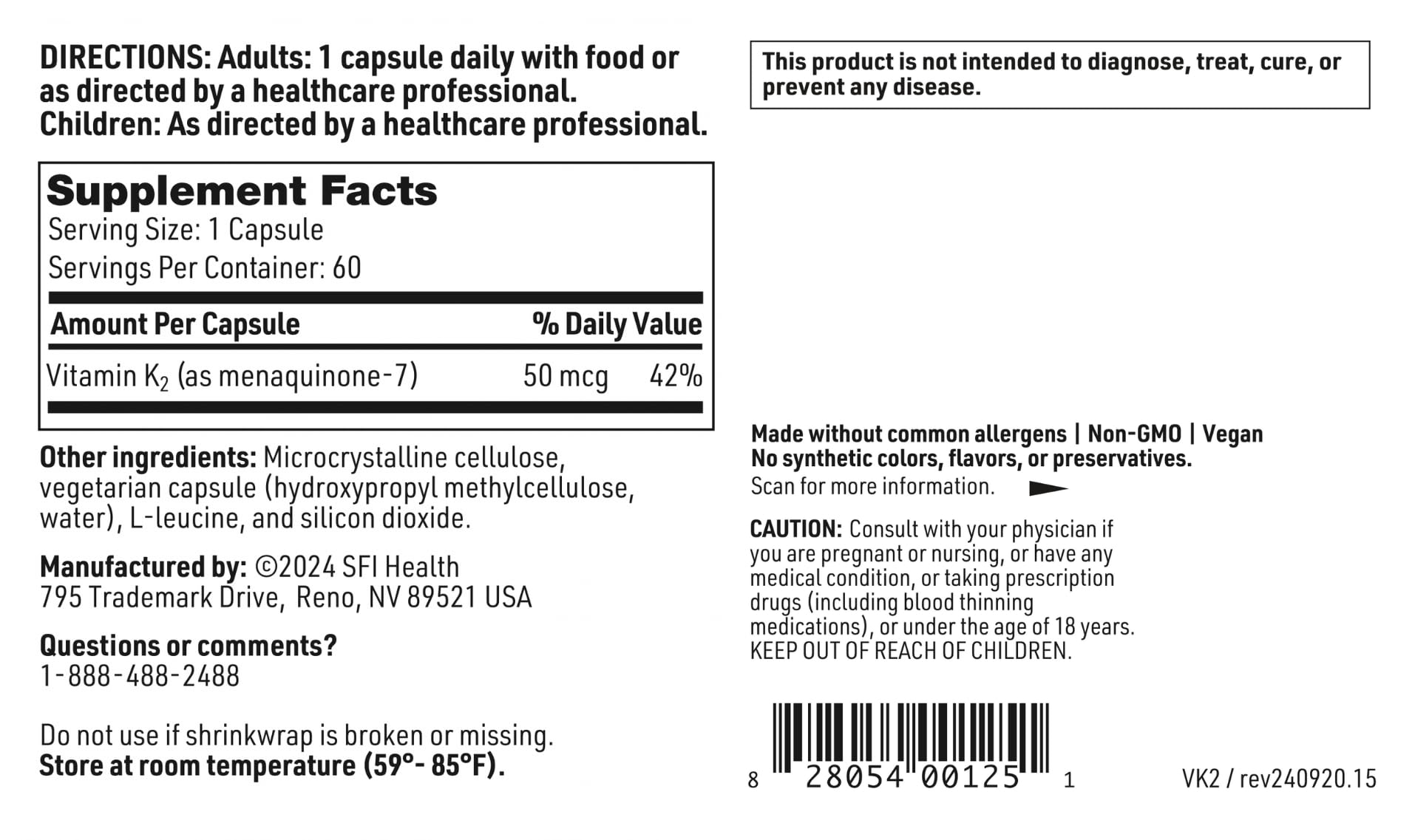SFI Health Vitamin K2 Menaquinone-7 MK-7 5g supplement bottle
