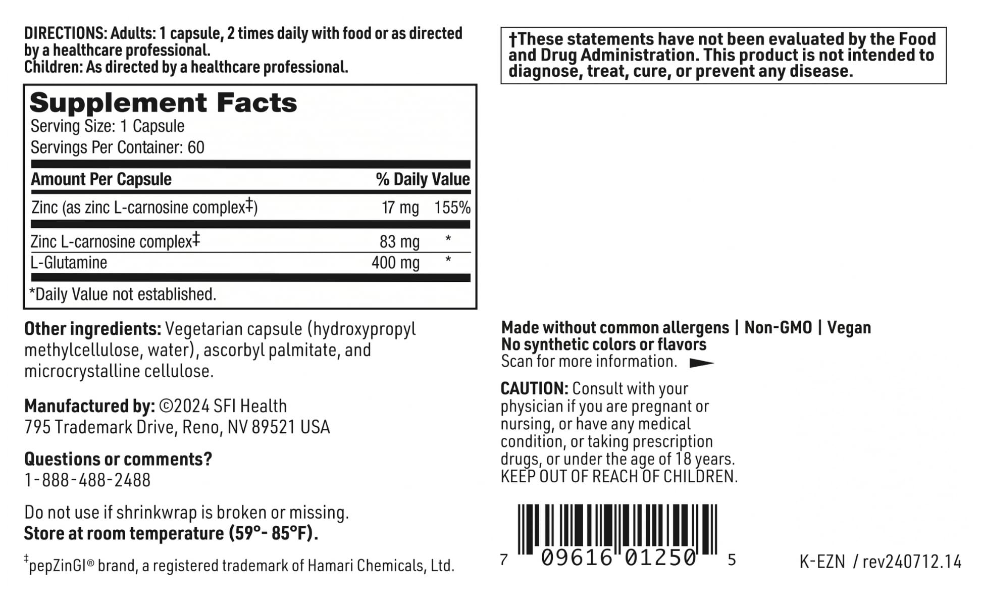 SFI Health Zinc Carnosine Complex 59g ingredients list