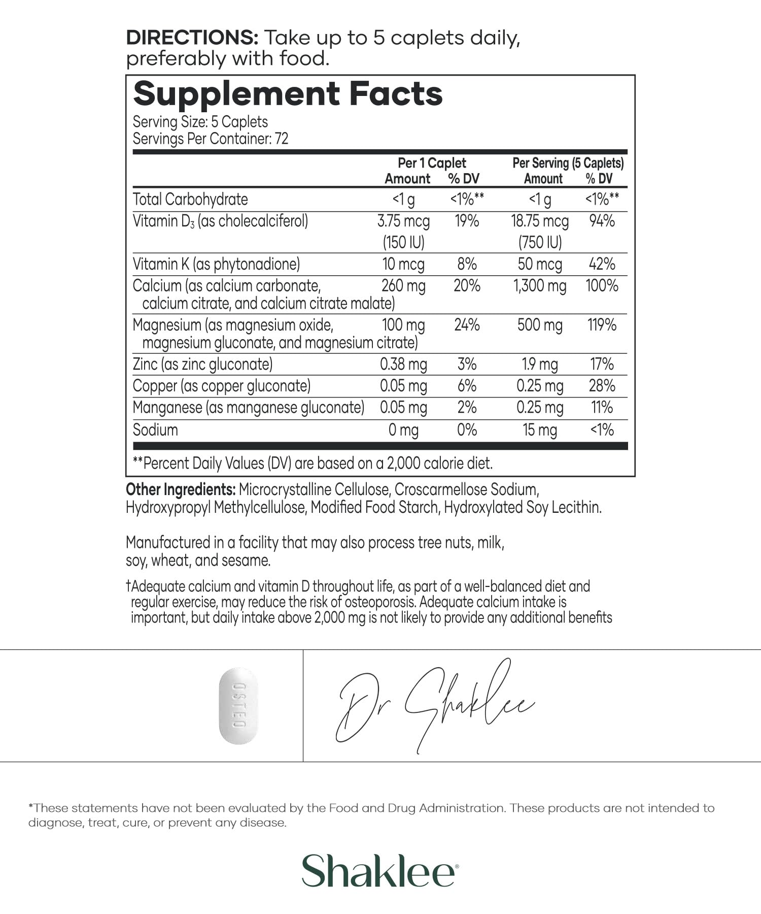 Shaklee Calcium Supplement 1300mg back view with ingredient list