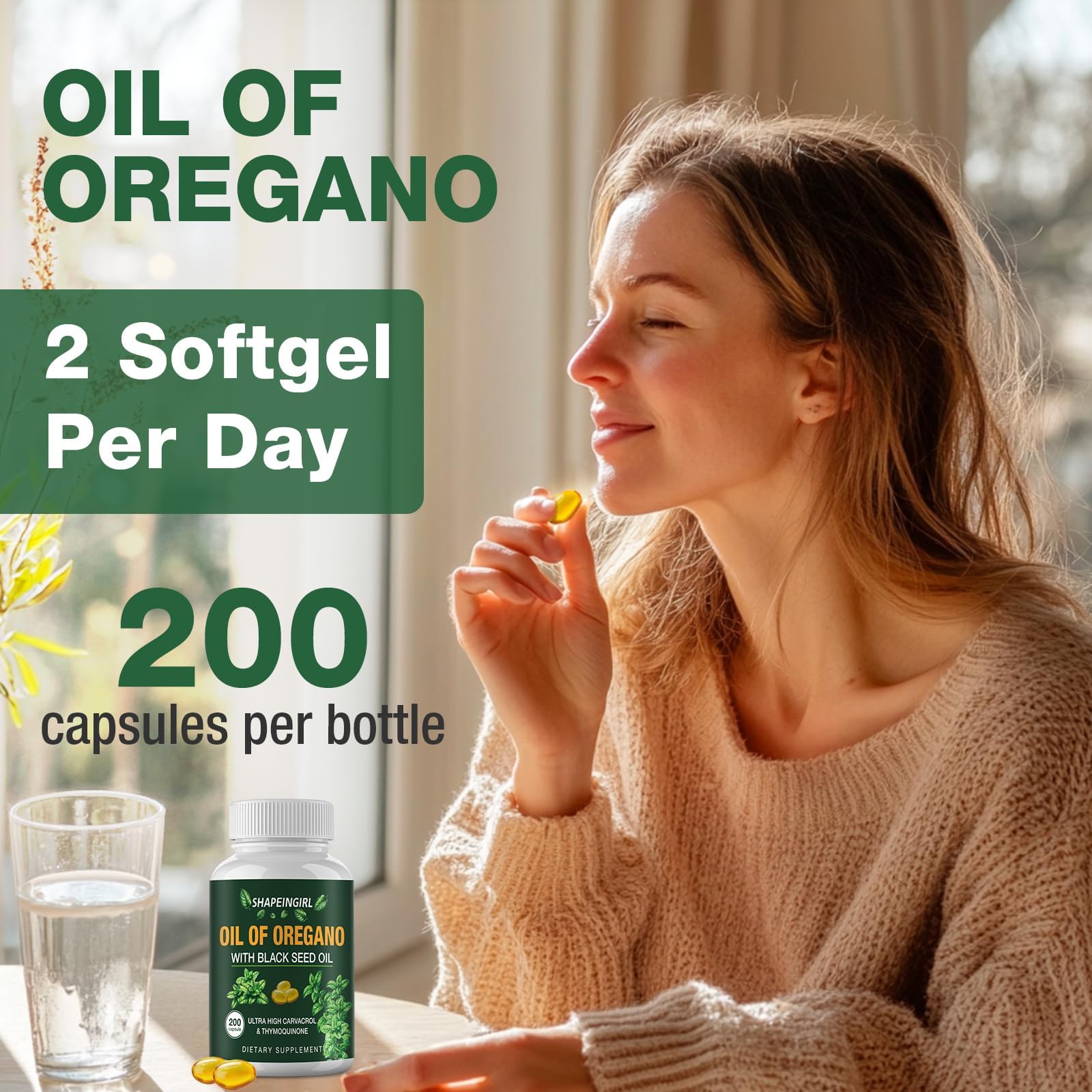 SHAPEINGIRL Organic Oregano Oil Capsules bottle side view