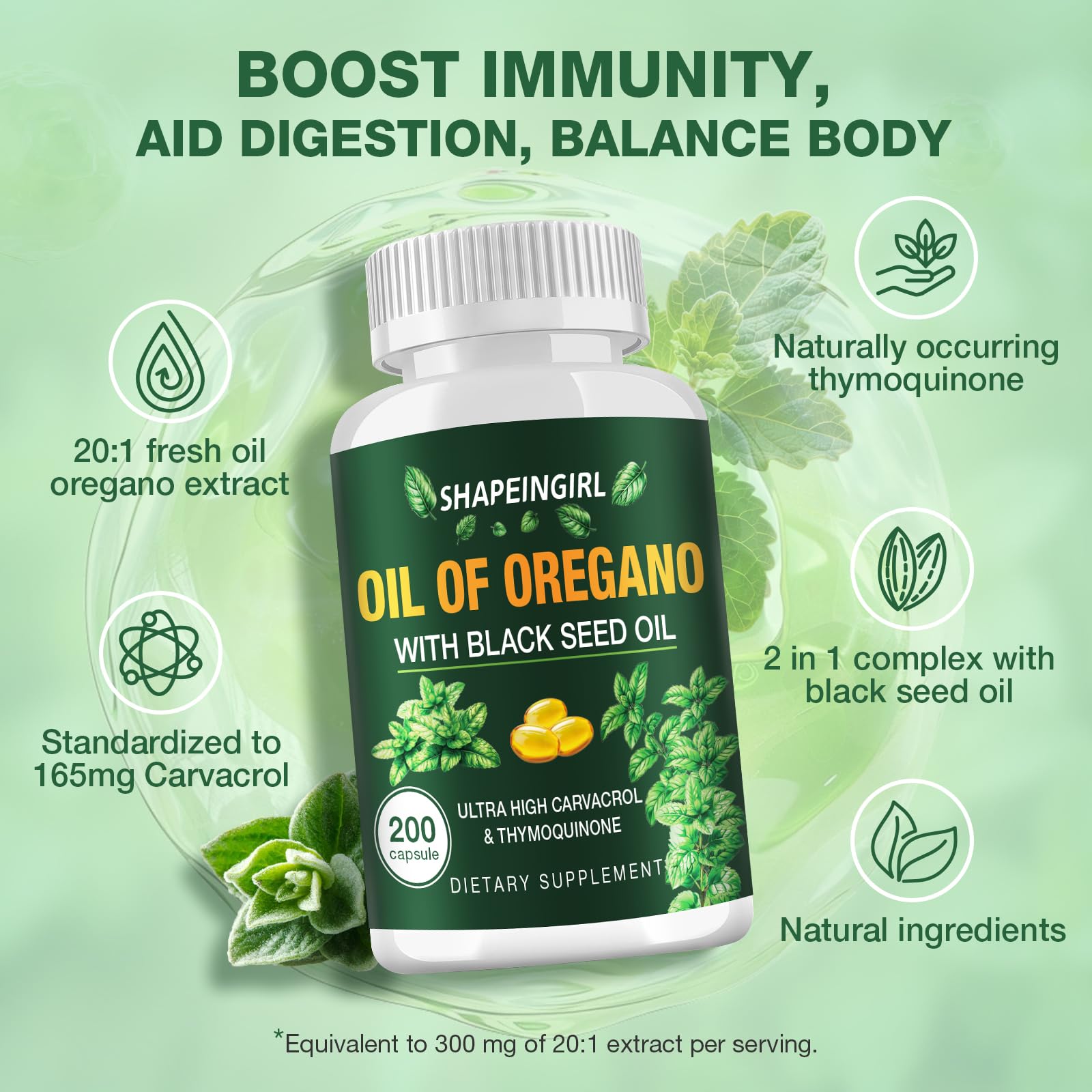 SHAPEINGIRL Organic Oregano Oil Capsules on a wooden table