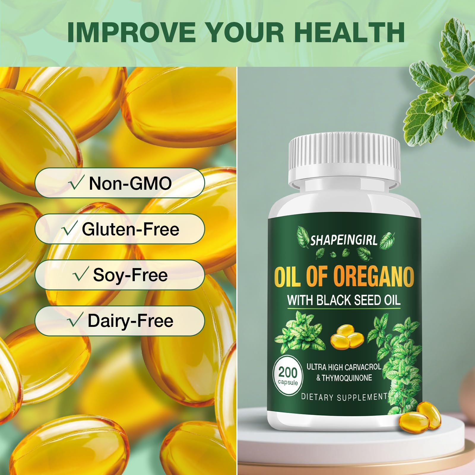 SHAPEINGIRL Organic Oregano Oil Capsules showing easy-to-swallow softgels