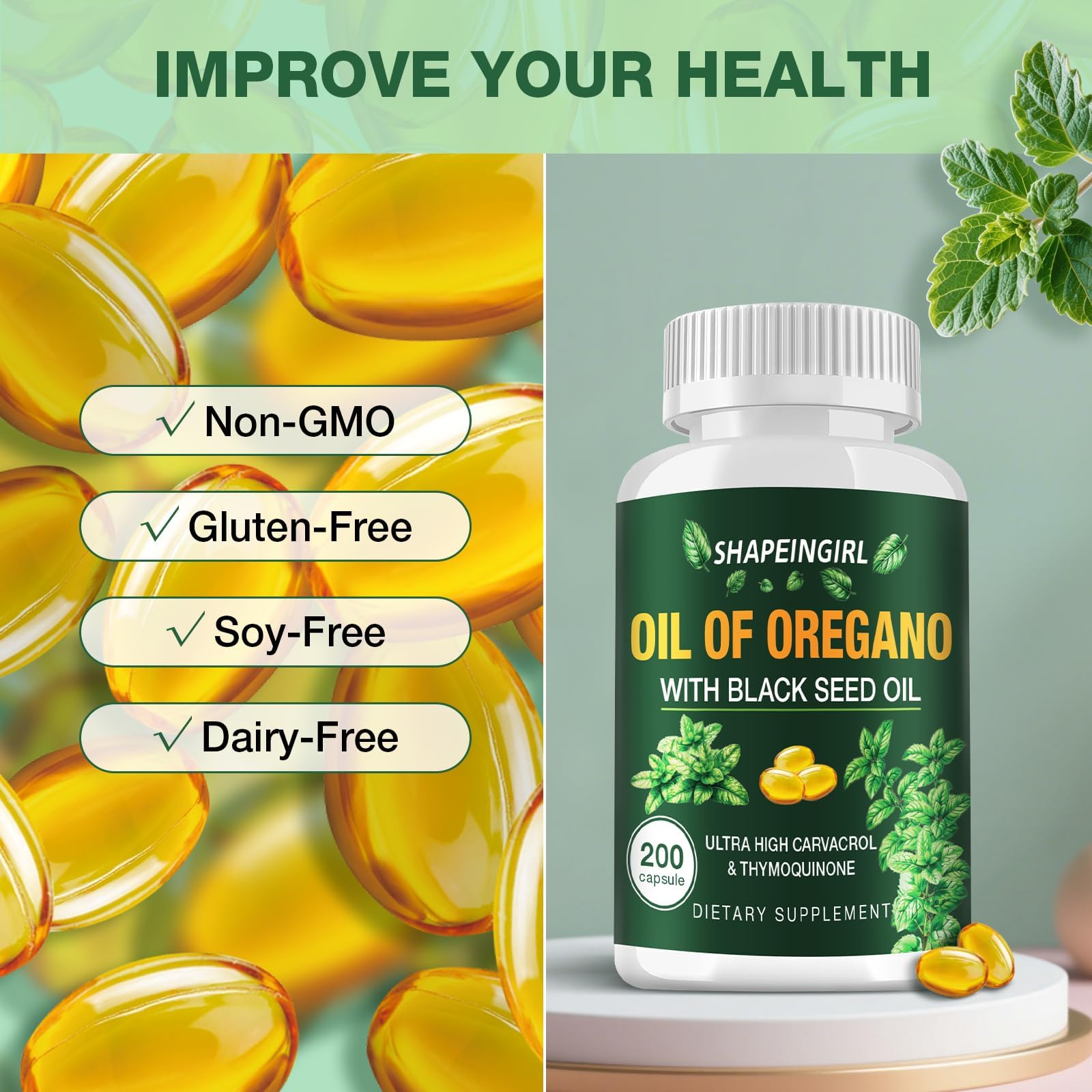 SHAPEINGIRL Organic Oregano Oil Capsules with measuring spoon