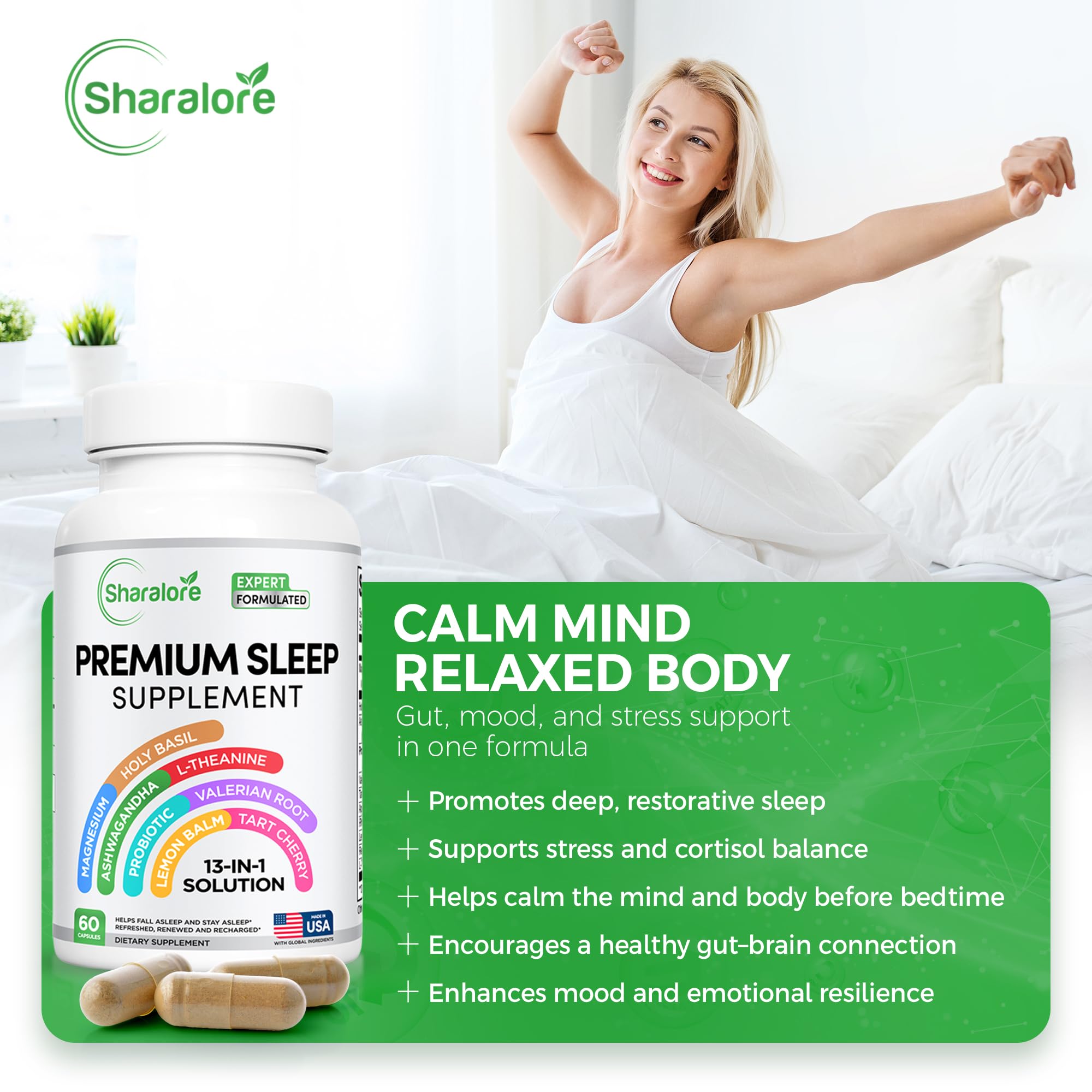 Sharalore 13-in-1 Natural Sleep Aid Capsules side view