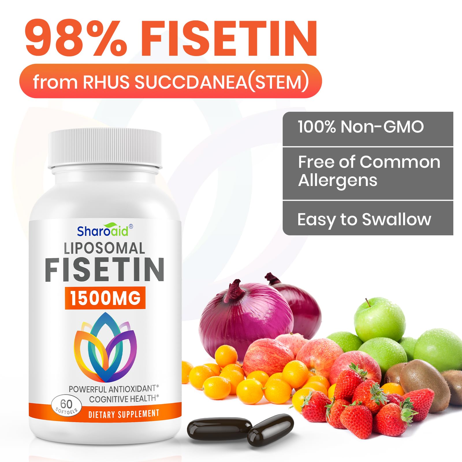 Sharoaid Liposomal Fisetin 1500mg softgels on a wooden table