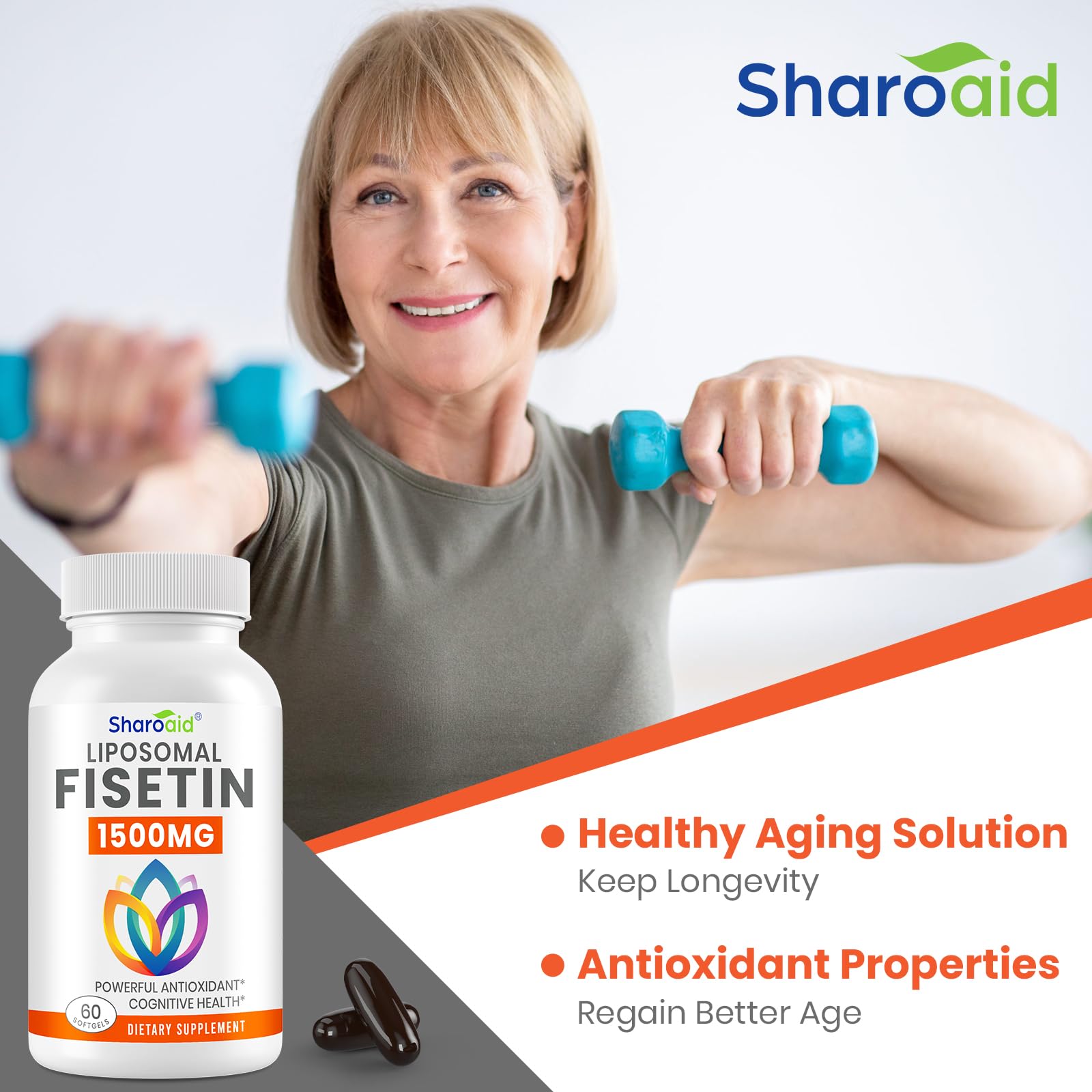 Sharoaid Liposomal Fisetin 1500mg softgels with measuring spoon