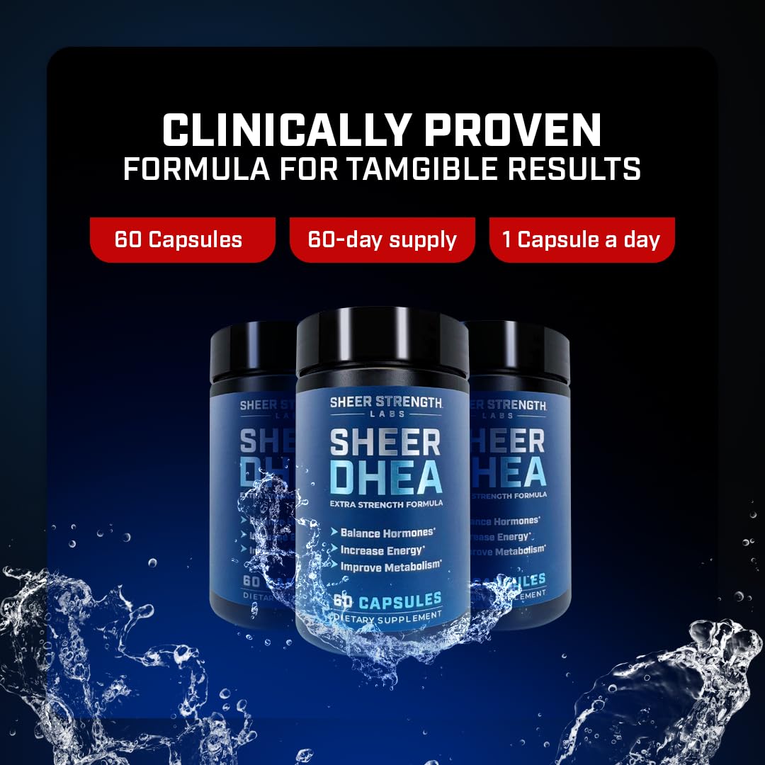Sheer Strength Labs DHEA 100mg supplement on a gym bench