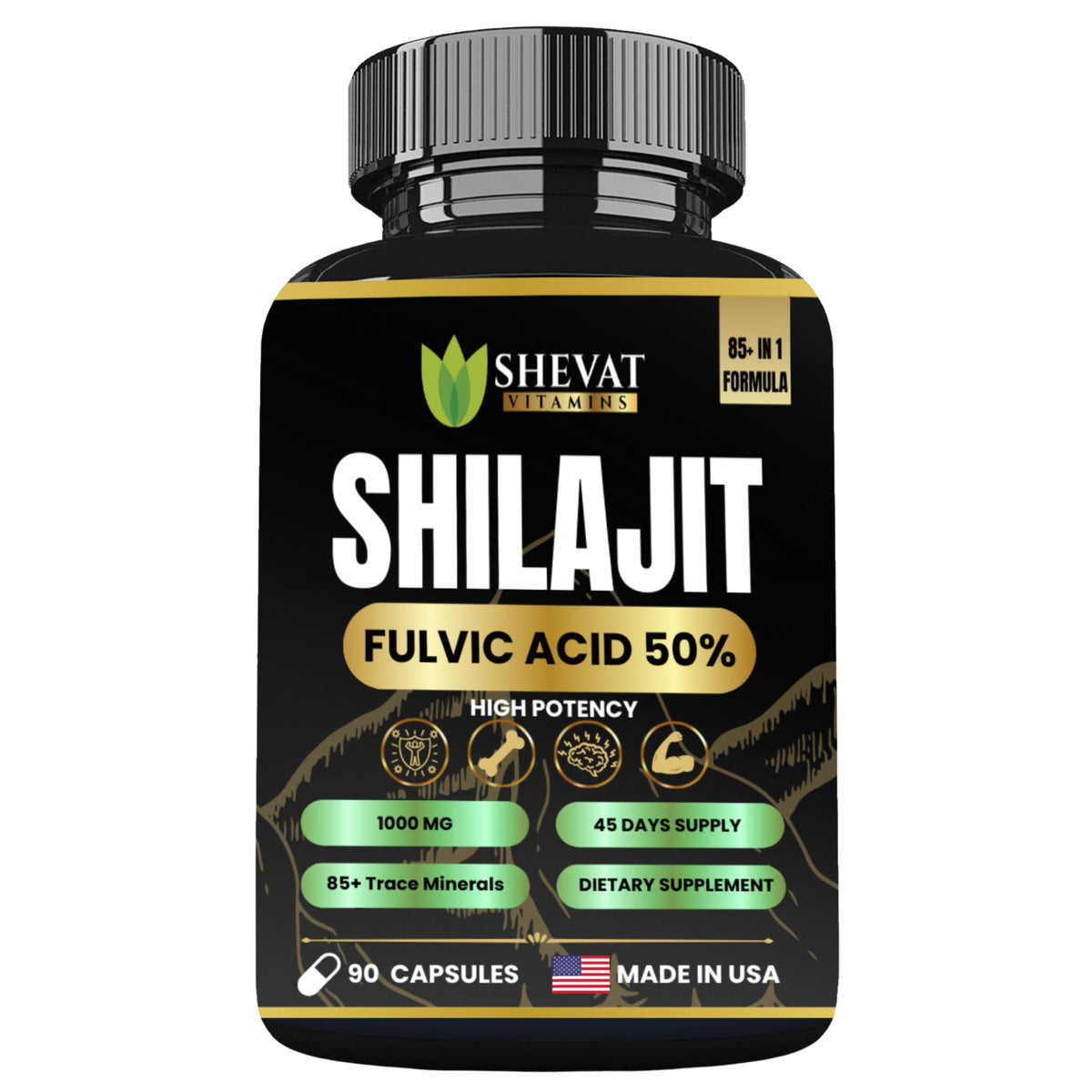 SHEVAT VITAMINS Shilajit Capsules 500mg bottle front view