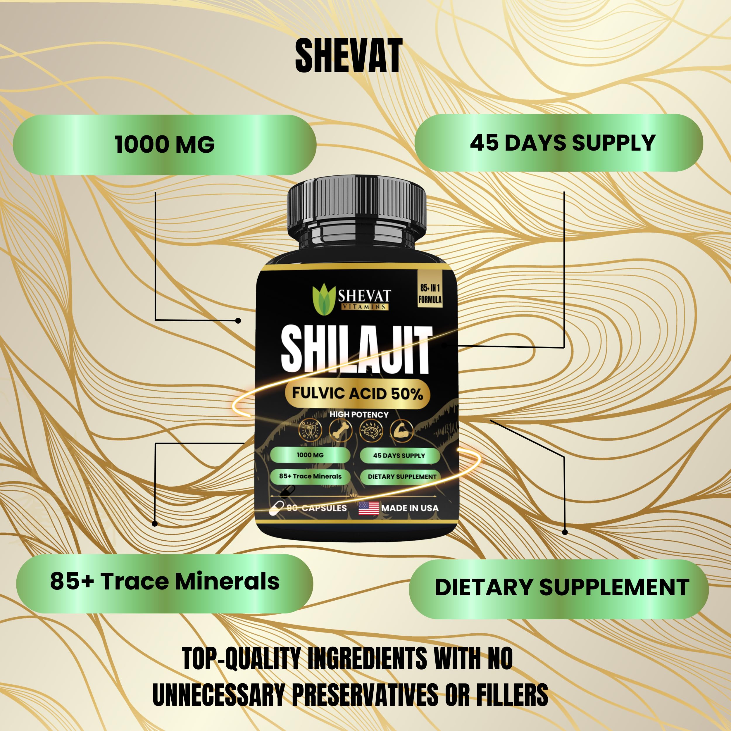 SHEVAT VITAMINS Shilajit Capsules 500mg bottle with a measuring spoon