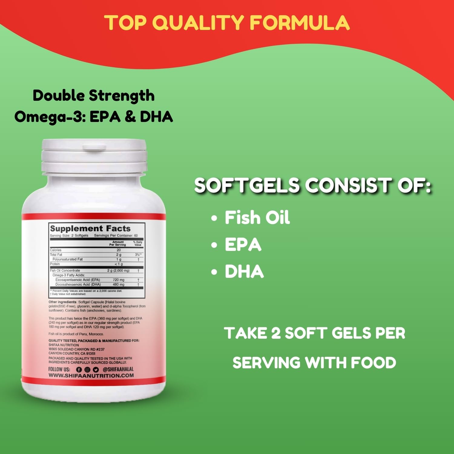 SHIFAA NUTRITION Double Strength Halal Fish Oil packaging and capsules
