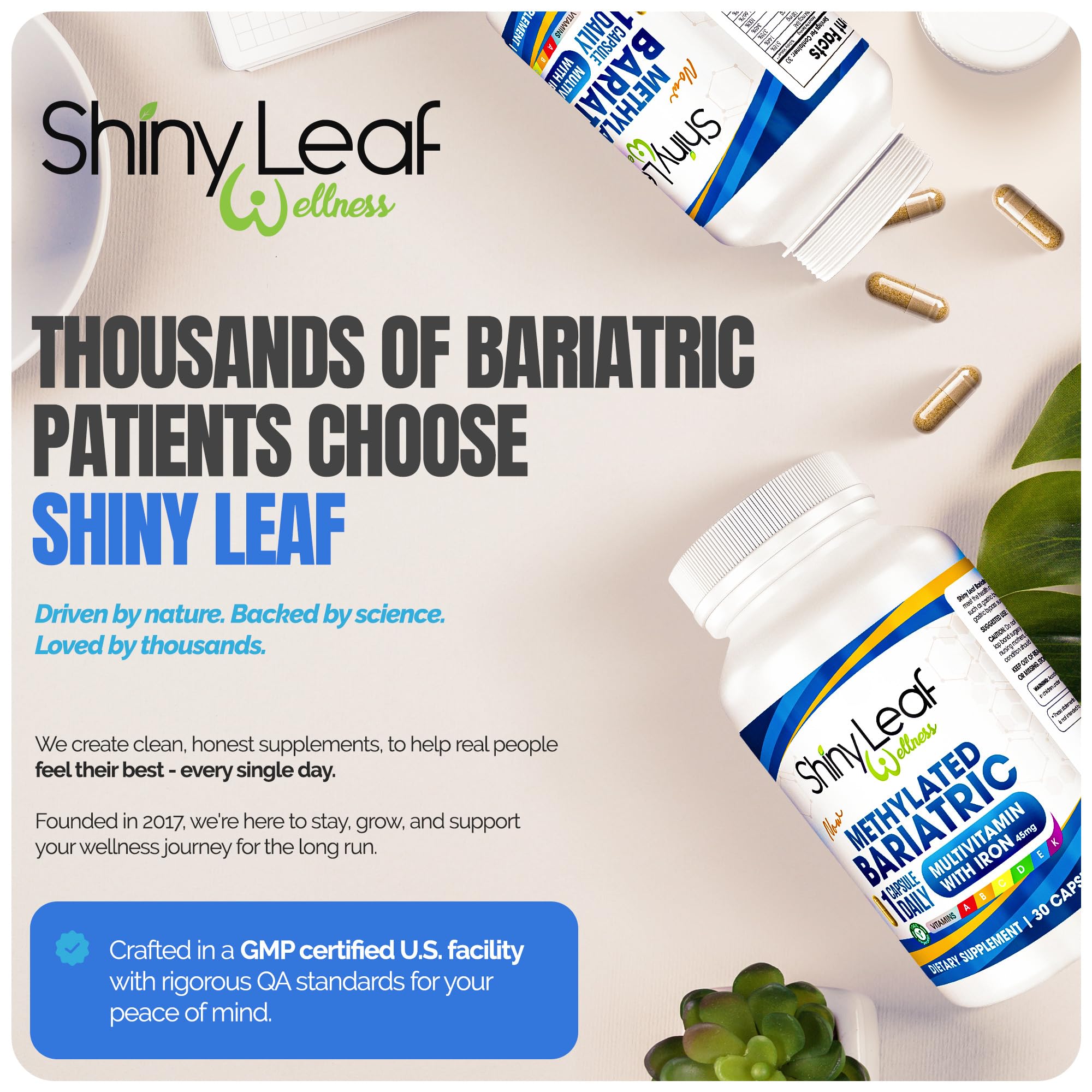 Shiny Leaf Bariatric Multivitamin with Iron 45mg capsules in hand