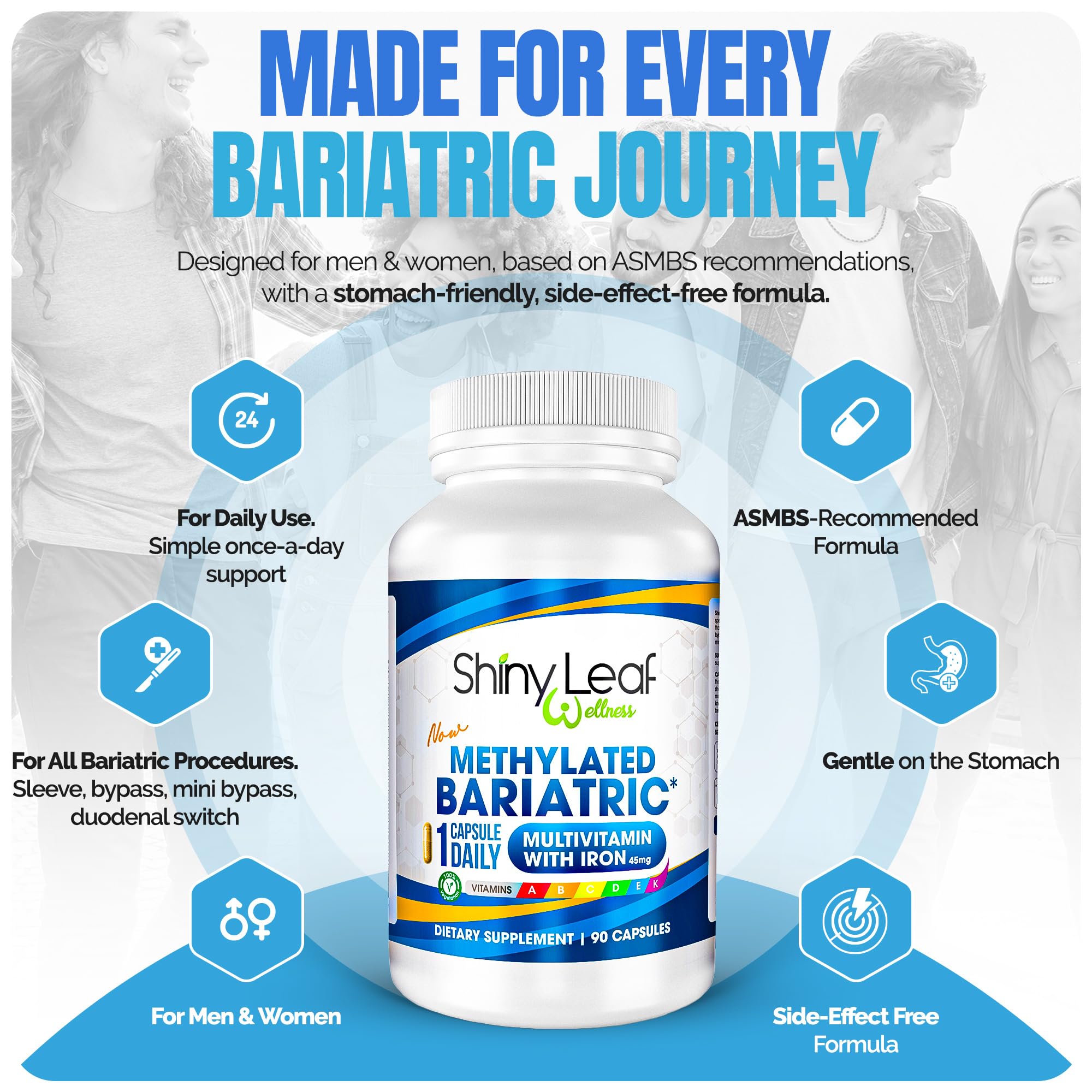 Shiny Leaf Bariatric Multivitamin with Iron 45mg on a wooden table