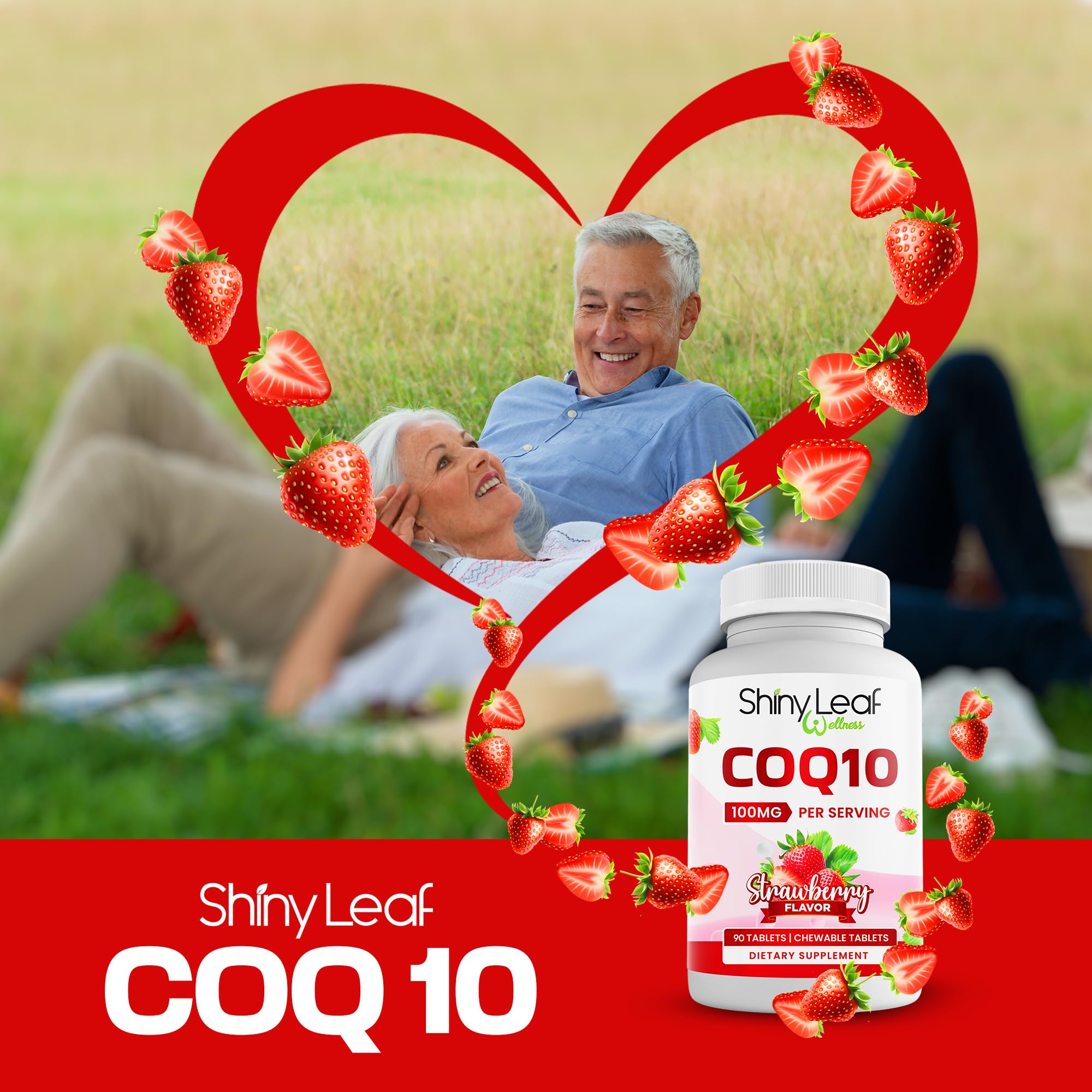 Shiny Leaf CoQ10 100mg chewable supplements displayed with fresh strawberries