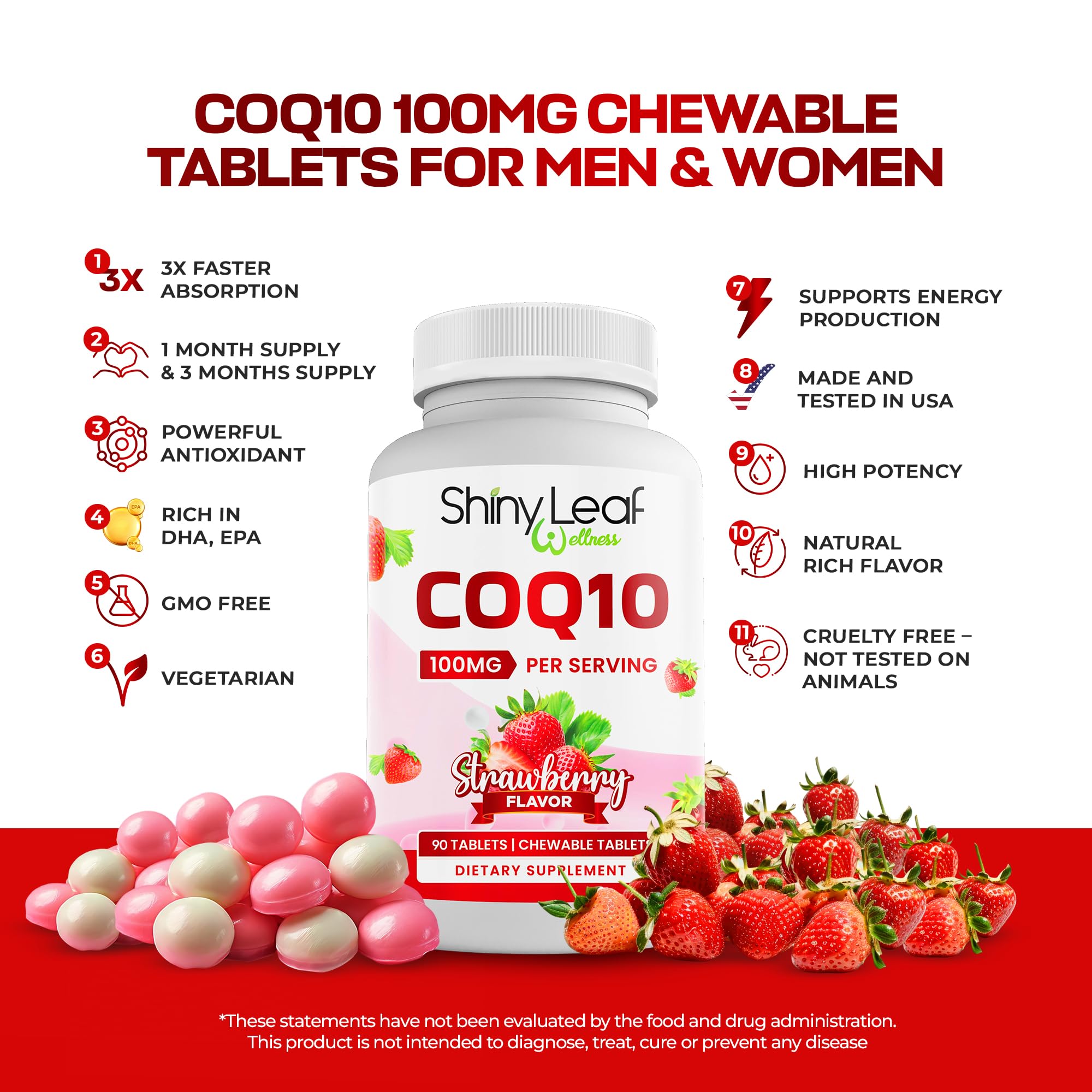 Shiny Leaf CoQ10 100mg chewable supplements on a wooden table