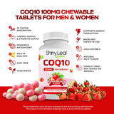 Shiny Leaf CoQ10 100mg chewable supplements on a wooden table