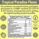SHIZAM Tropical Paradise Gummies with tropical fruits background