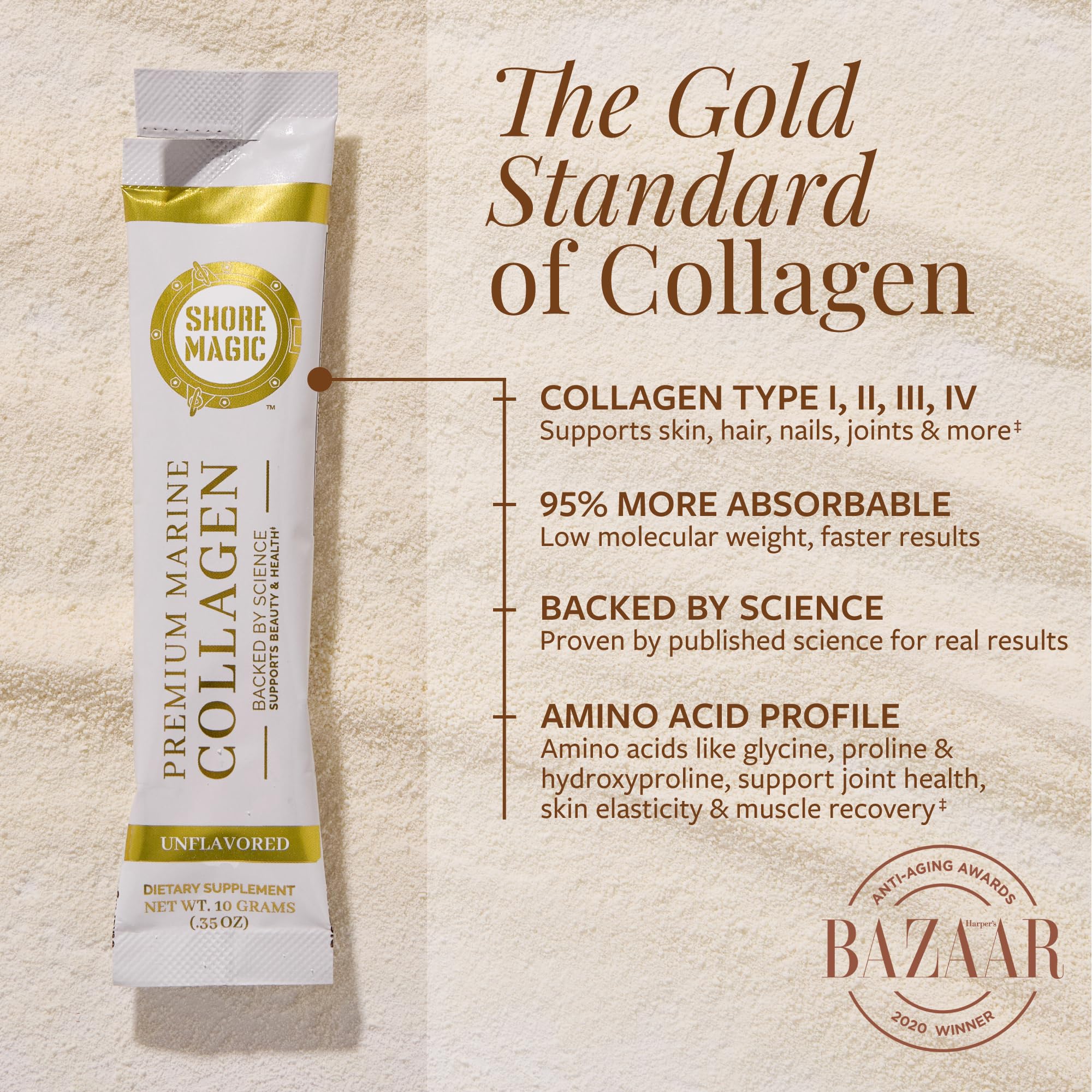 Shore Magic Marine Collagen Supplement 10g Peptides on a kitchen counter