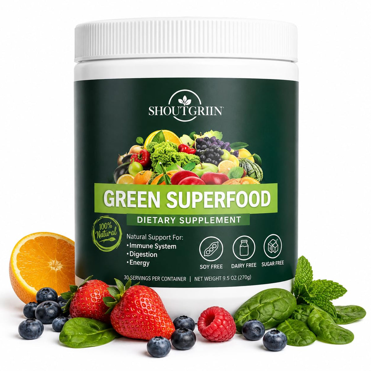 SHOUTGRIIN Green Superfood Powder 340g front view with mint-citrus packaging