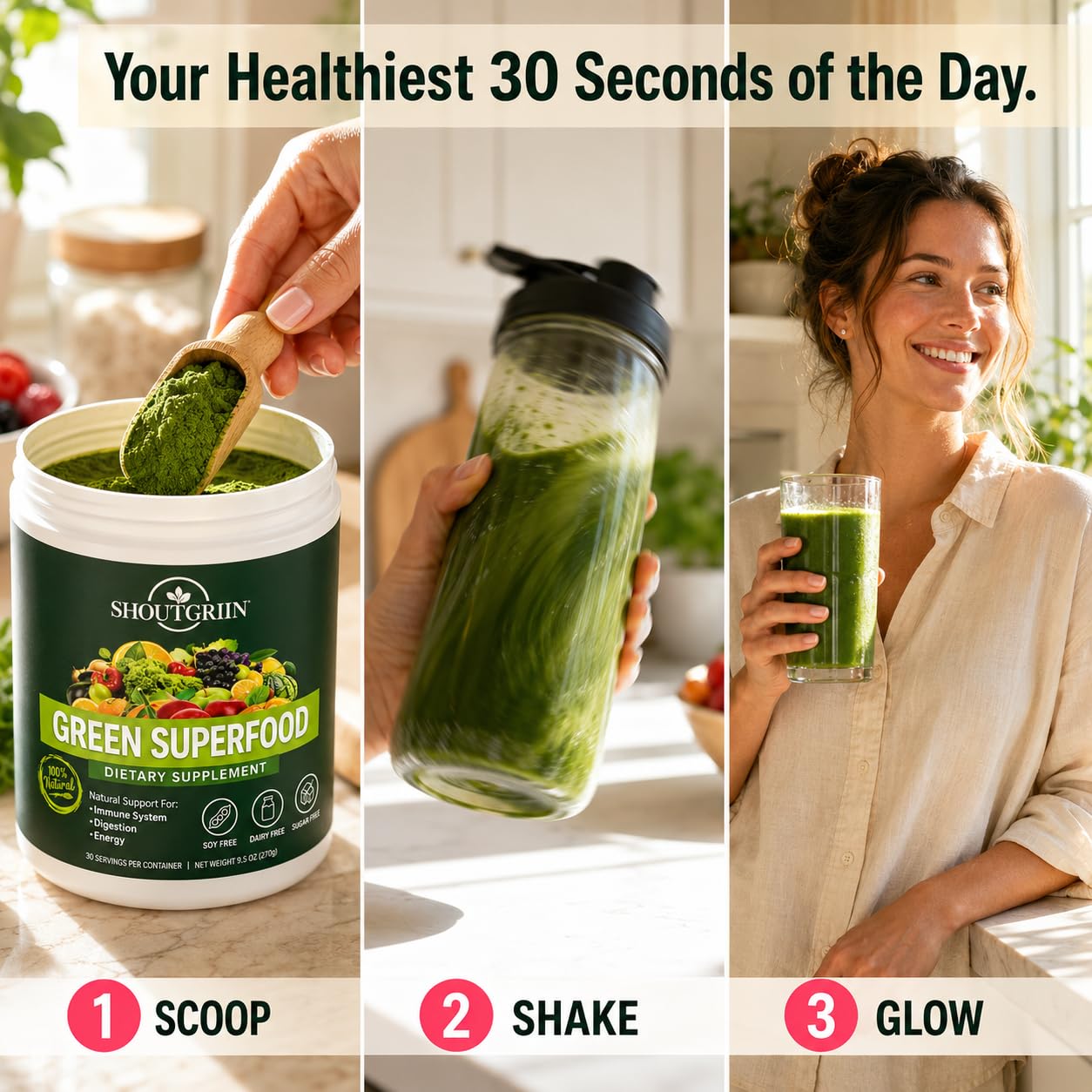 SHOUTGRIIN Green Superfood Powder being added to a smoothie
