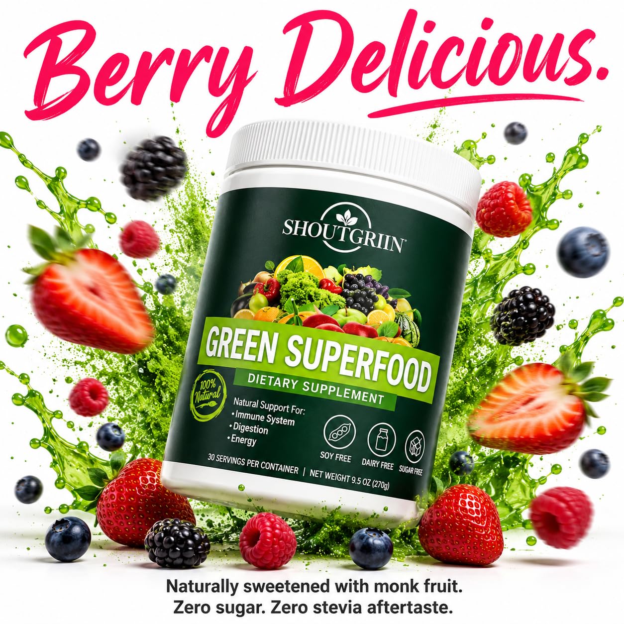 SHOUTGRIIN Green Superfood Powder ingredients list on packaging