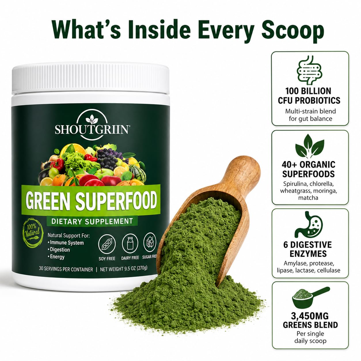 SHOUTGRIIN Green Superfood Powder mixed in a glass with water