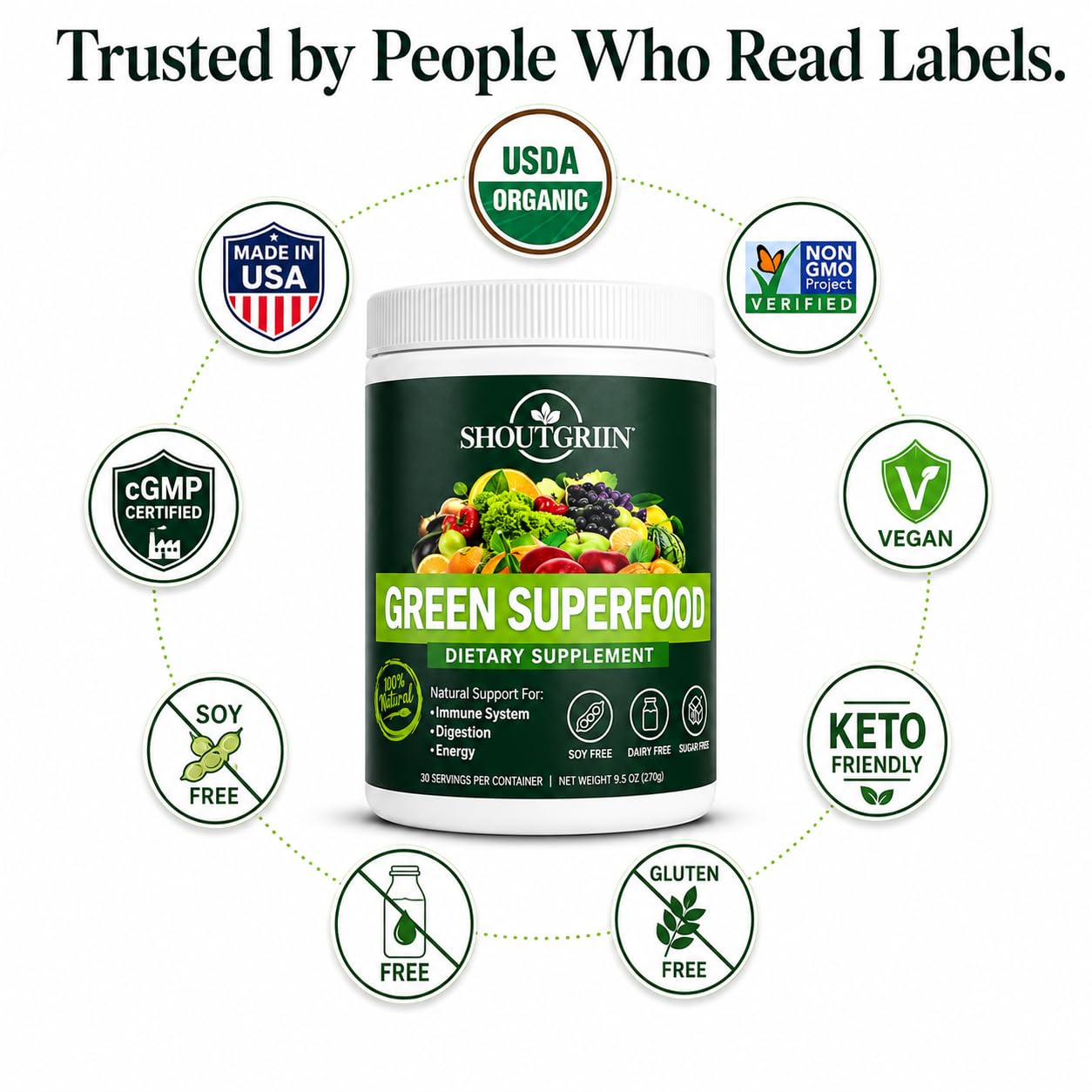 SHOUTGRIIN Green Superfood Powder on a kitchen counter with fresh fruits
