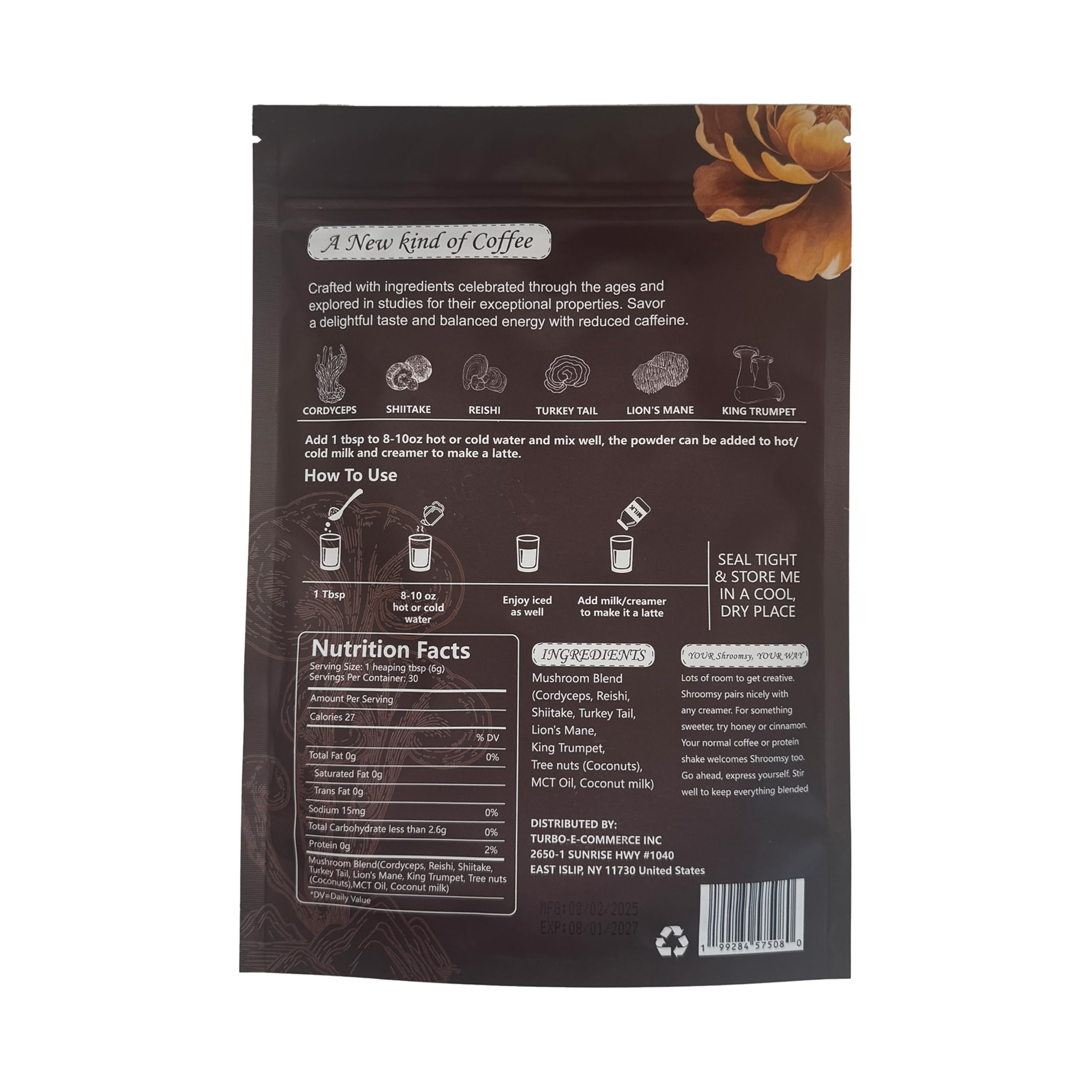 Shroomsy 6-Mushroom Blend Supplement back view with nutritional information