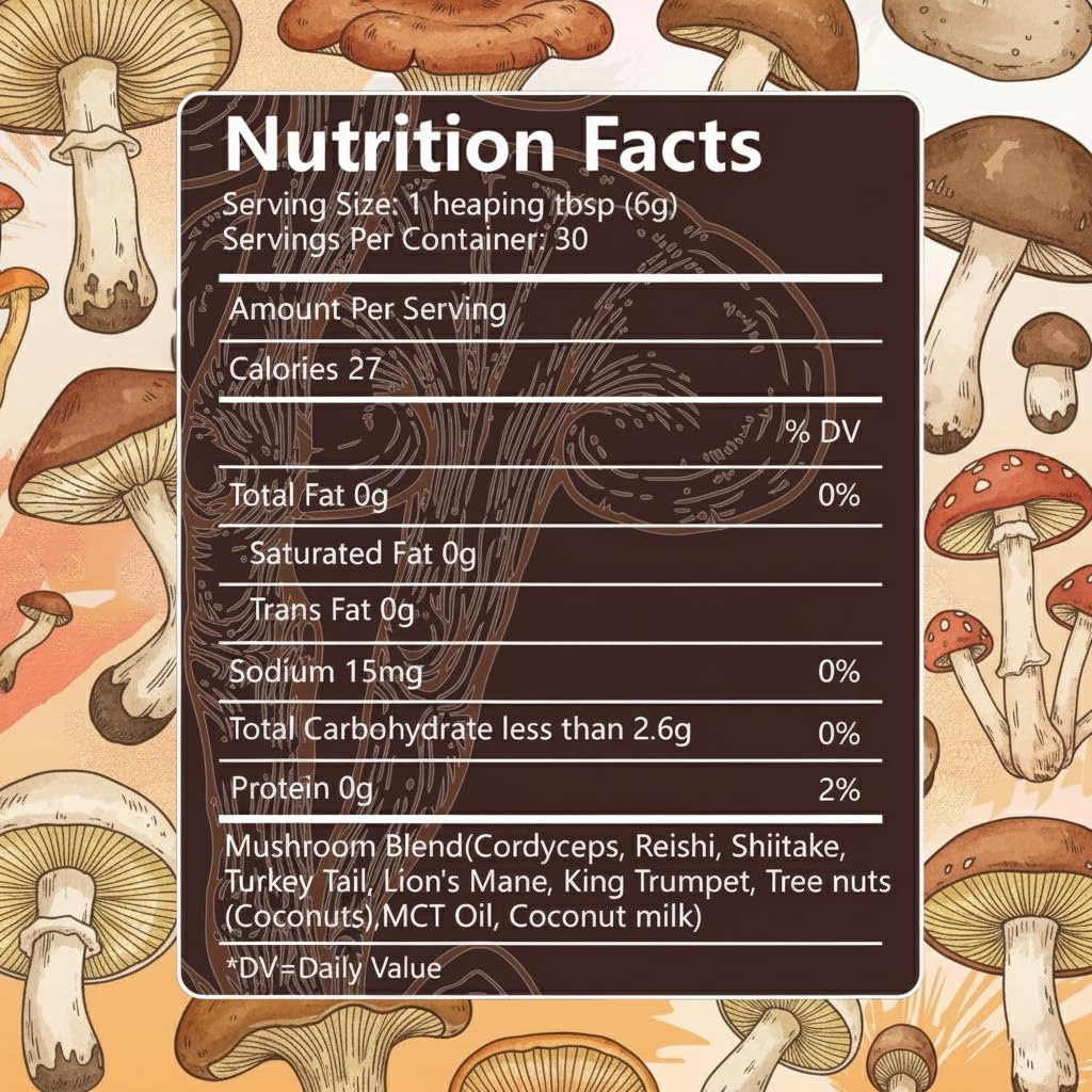 Shroomsy 6-Mushroom Blend Supplement side view with ingredients list