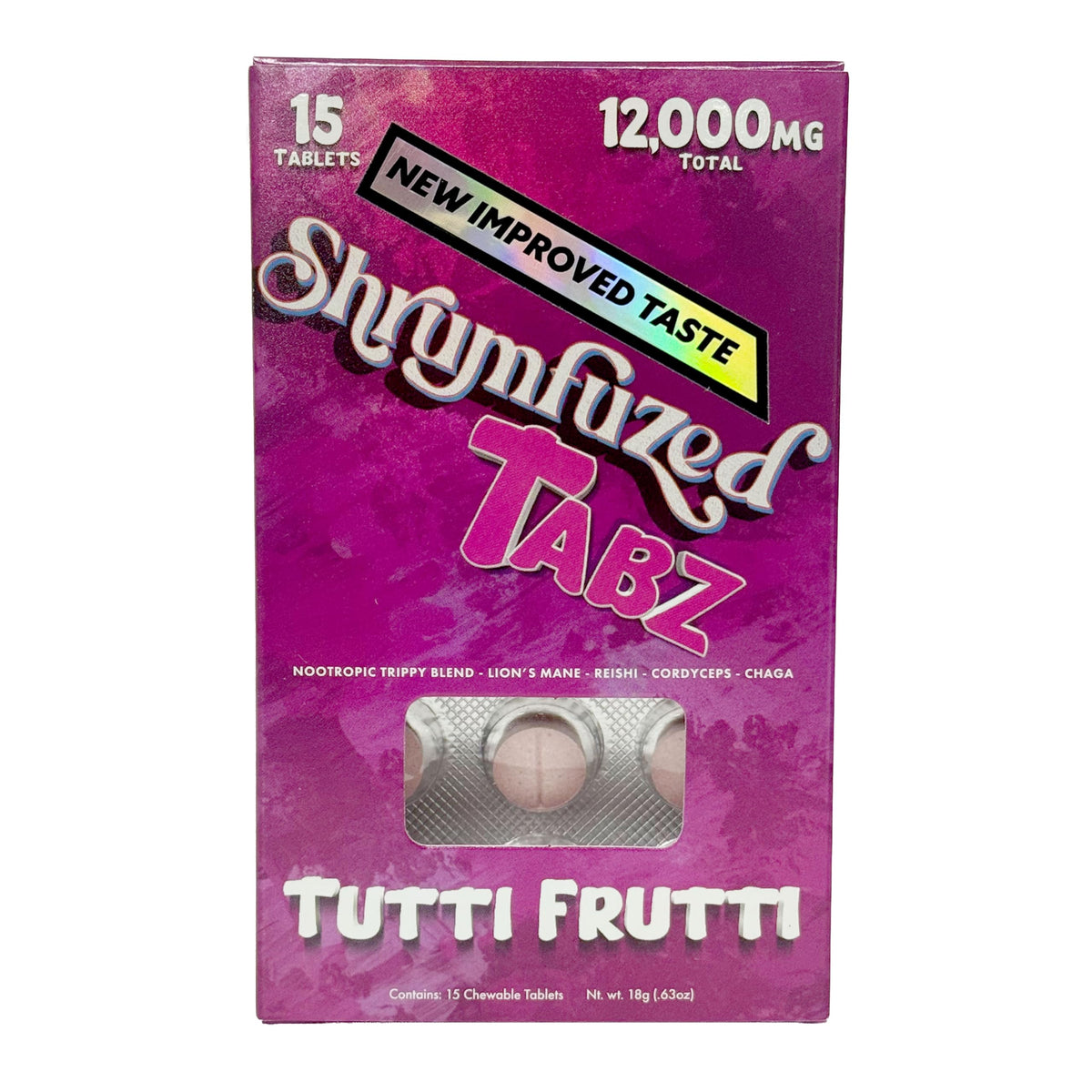 Shrumfuzed Mushroom Gummies front view with new improved taste sticker