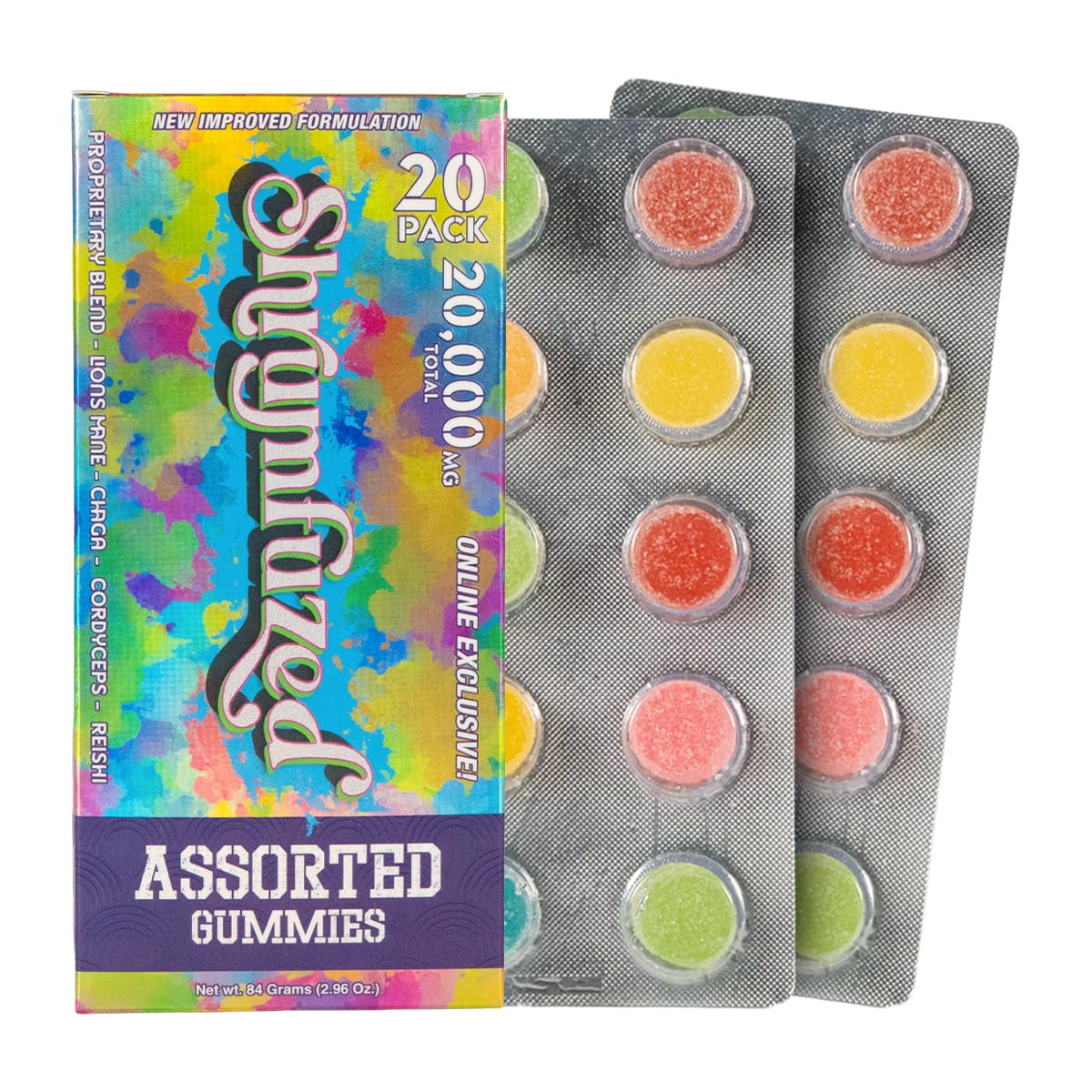 Shrumfuzed Mushroom Gummies front view with packaging