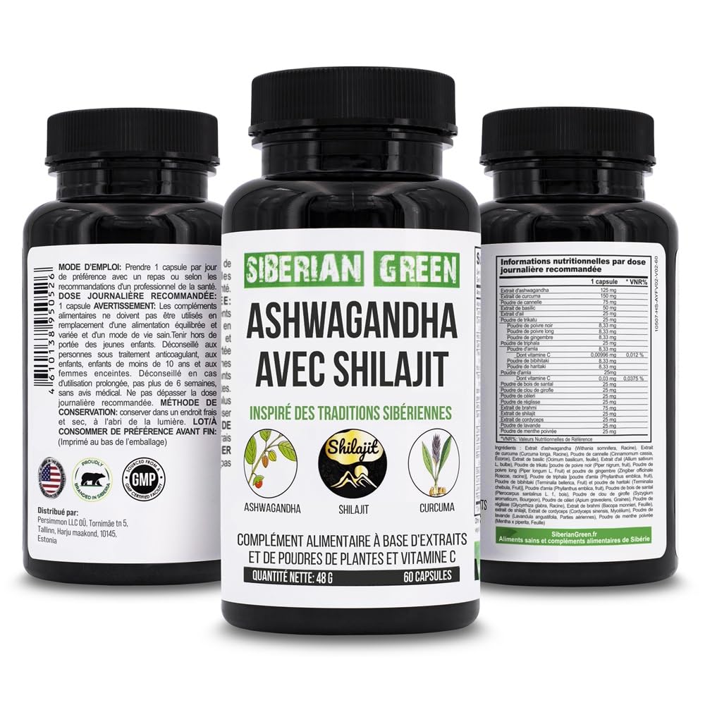 Siberian Green Ashwagandha capsules open bottle with capsules