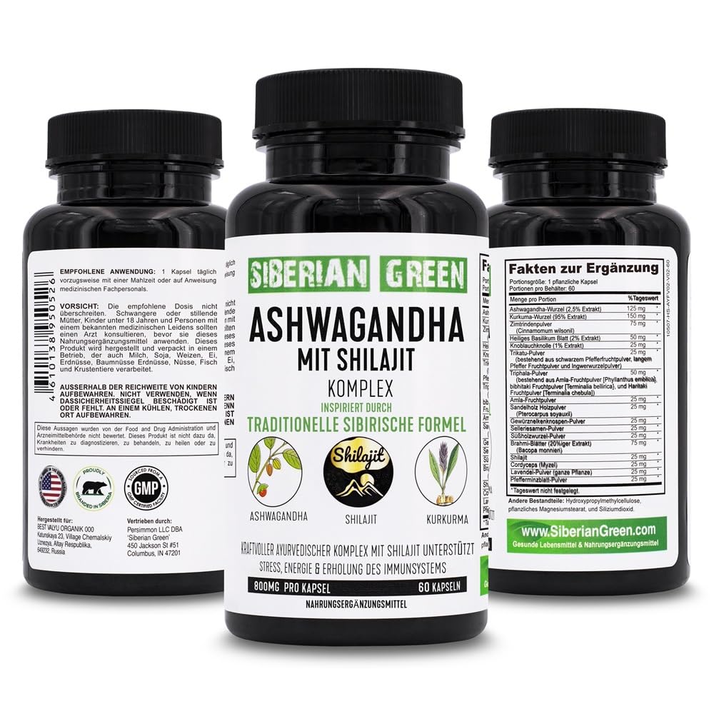 Siberian Green Ashwagandha capsules with natural herbs background