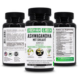 Siberian Green Ashwagandha capsules with natural herbs background